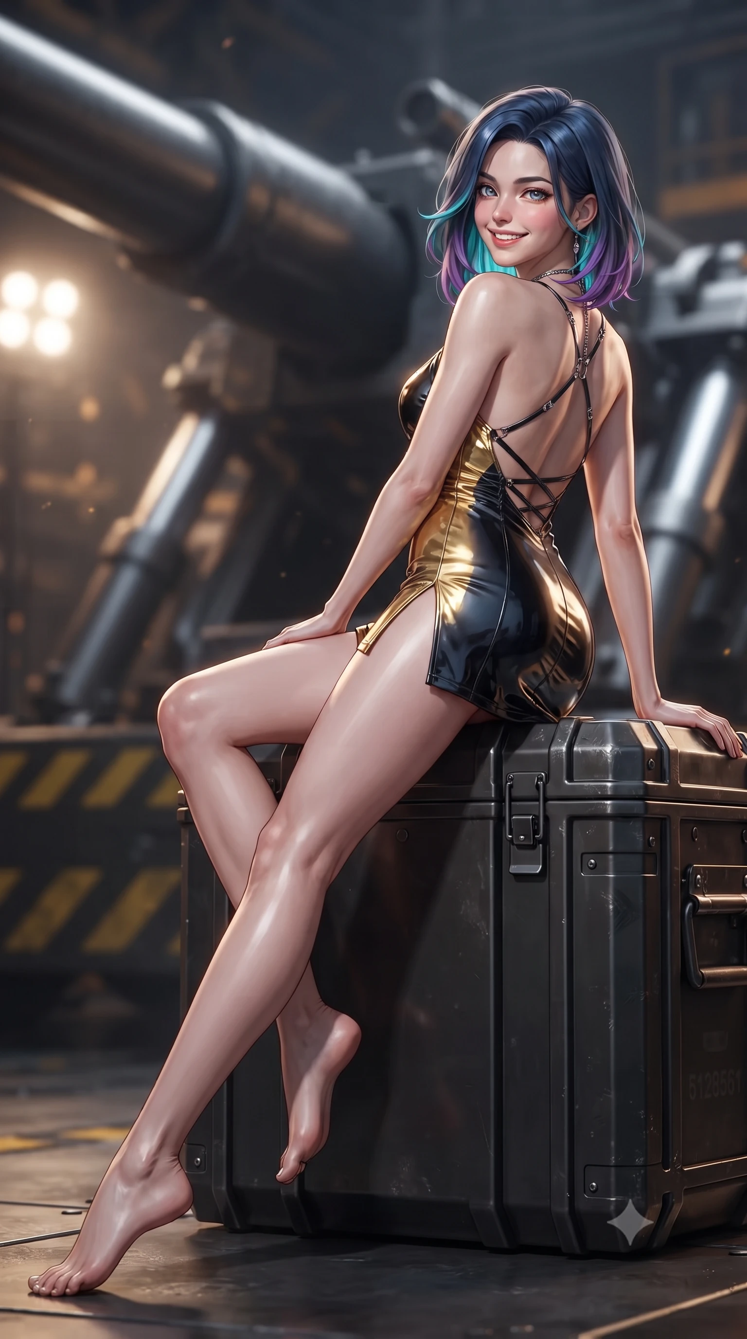 score_9, masterpiece, best quality, ultra-detailed, high-budget anime keyframe, editorial fashion photography, tasteful artistic composition, Caucasian woman. low angle full-body shot from head to toe showing her feet, filling the entire 9:16 vertical frame with her statuesque presence, stretching her vertical silhouette. walking along the terrace with poise, looking back over her bare shoulder with an irresistible smoldering bedroom-gaze while lounging gracefully across the heavy ammo transport crate propped on one elbow with legs extended, displaying her long slender limbs and statuesque hourglass silhouette. The background shows a soft-focus massive gunmetal cannon breech, shimmering hydraulic recoil cylinders, and yellow hazard striping blurred into amber, charcoal, and platinum bokeh. She has an exceptionally tall and slender model-like 8.5-heads proportion, an ultra-slim waist, a flat toned midriff, narrow delicate ribcage, and beautifully sculpted feminine hips creating a graceful, slim hourglass silhouette without any bulky heaviness, with impossibly long slender legs. sharp v-shaped jawline, high-bridge nose, intricate jewel-like sparkling eyes with depth, thick eyelashes, glossy parted lips with a natural peach sheen, bright cheerful beaming smile with an enchanting and coquettish sensual glint, exuding both youthful cute charm and seductive allure, flawlessly proportioned anatomical accuracy, strict slender model proportions, natural body alignment, perfectly sculpted long slender limbs, ultra-slim waistline, clean dynamic posture without body distortion. wearing a backless liquid foil flight mini dress with criss-cross spinal straps and daring high side slit in singularity accretion gold and space void onyx, tailored from high-gloss patent leather with mirror-like specular highlights, accented with a chrome-drop body harness subtly framing her dewy collarbones and spine, the bespoke structured tailoring following the natural line of her 8.5-heads silhouette with refined elegance. bathed in high-contrast industrial amber hazard lighting combined with cool white work floodlights. ultra-reflective glossy finish, specular highlights, rich textural contrasts, high-contrast stereoscopic depth, volumetric dynamic lighting, 2k, ultra detail, master piece, 9:16 ratio