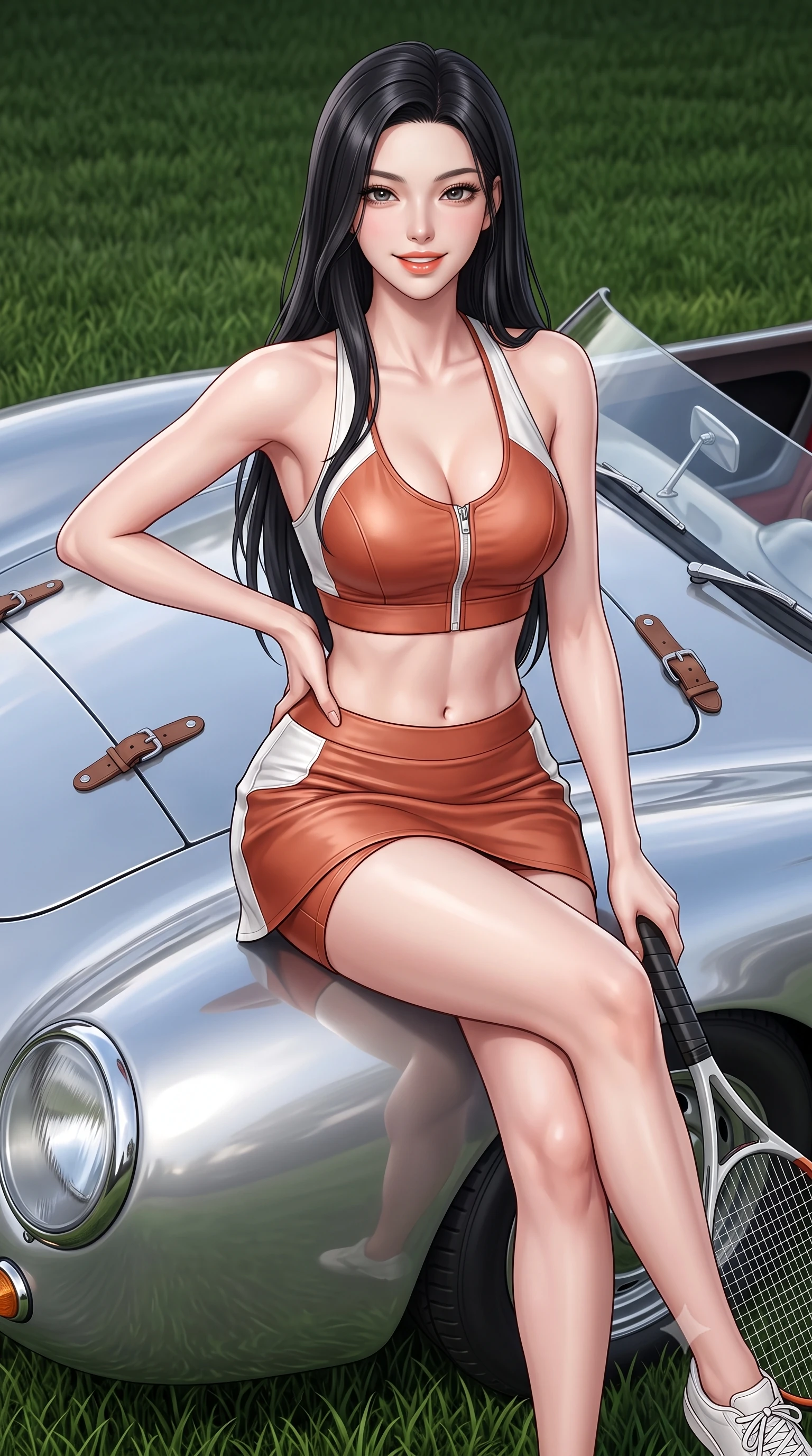 score_9, masterpiece, best quality, ultra-detailed, high-budget anime keyframe, semi-realistic 3D game render, editorial fashion photography, tasteful artistic composition, Korean woman. close-up cowboy shot from the waist and thighs up, the character dominates the composition, filling the frame with her large presence. twisting her slender torso in an alluring contrapposto stance, one hand resting on her sculpted hip while holding a tennis racket with effortless poise while sitting perched on the speedster's low rear deck with legs crossed, holding a bottle of chilled champagne with vintage Riviera glamour. The surrounding environment is rendered in vivid detail and crisp panoramic clarity: sharp speedster curved aluminum body lines, leather bonnet strap buckles, and lawn grass blade clarity in deep focus. She has an exceptionally elegant, slender, and willowy female figure with an ultra-slim waist, flat toned midriff, narrow ribcage, and sculpted feminine hips creating an alluring, slim hourglass silhouette without bulk. sharp v-shaped jawline, high-bridge nose, sparkling eyes with athletic focus and depth, thick curled eyelashes, glossy parted lips with a natural coral-peach sheen, bright confident and coquettish smile with alluring bedroom-eyes, exuding both youthful sporty vigor and sovereign high-society glamour, flawlessly proportioned anatomical accuracy, strict slender model proportions, natural body alignment, perfectly sculpted long slender limbs, ultra-slim waistline, clean dynamic posture without body distortion. wearing a modern two-piece athletic set featuring a zip-front halter sports crop top and curve-hugging tennis skirt with built-in compression shorts in classic clay-court terracotta and cloud white, crafted from supple buttery lambskin racing leather with a satin sheen, finished with criss-cross back athletic straps highlighting her graceful shoulder blades, the form-fitting tailored bodice adhering flawlessly to her sculpted flat midriff and slender torso, emphasizing her long leg lines and perfectly proportioned willowy build. illuminated by polished car aluminum bounce and sharp platinum rim lights defining her razor-sharp jawline, narrow waist, and curvy hips. highly saturated vibrant anime colors, detailed shading with soft gradients, rich glossy textures, high-contrast stereoscopic depth, volumetric dynamic lighting, master piece, 9:16 ratio