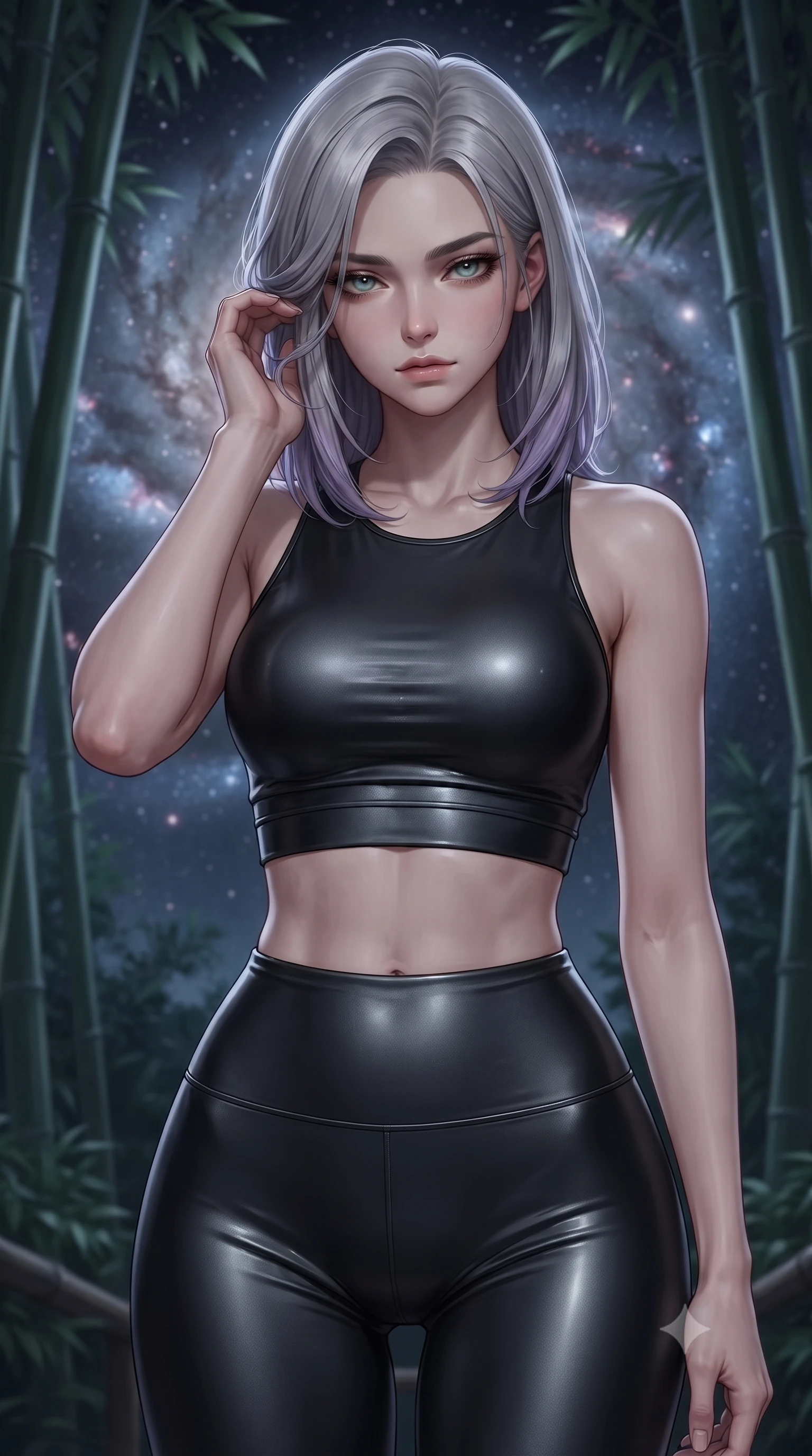score_9, masterpiece, best quality, ultra-detailed, high-budget anime keyframe, editorial fashion photography, tasteful artistic composition, Caucasian woman. close-up cowboy shot from the waist and thighs up, the character dominates the composition, filling the frame with her large presence, background elements kept in soft focus. gently touching the side of her temple, casting a heavy-lidded, sultry look past the camera, the background shows a soft-focus a bamboo forest observatory looking at a galaxy nebula in stardust. She has an exceptionally elegant, slender, and willowy female figure with an ultra-slim waist, a gracefully sculpted slender torso, and a refined silhouette. sharp v-shaped jawline, high-bridge nose, intricate jewel-like eyes with depth, thick eyelashes, glossy lips with a natural sheen. wearing a body-hugging form-fitting athletic crop top and matching high-waisted compression leggings in sleek carbon-black tech fabric. soft silver starlight wrapping her statuesque posture in a quiet mood. ultra-reflective glossy finish, specular highlights, metallic sheen, high-contrast stereoscopic depth, volumetric dynamic lighting, 2k, ultra detail, master piece, 9:16 ratio