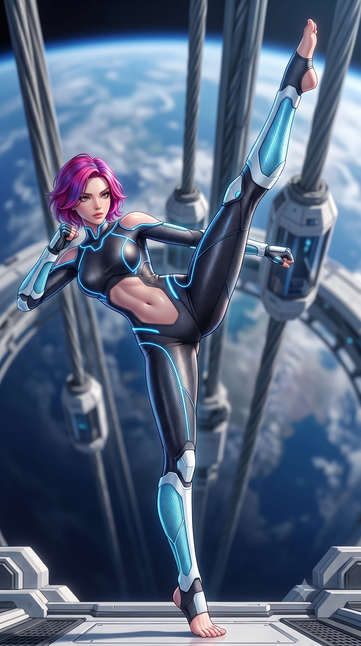 score_9, masterpiece, best quality, ultra-detailed, high-budget anime keyframe, semi-realistic 3D game render, editorial fashion photography, tasteful artistic composition, Caucasian woman. low angle full-body shot from head to toe showing her feet, filling the entire 9:16 vertical frame with her statuesque presence, stretching her vertical silhouette. executing a breathtaking zero-gravity high-kick with full 180-degree vertical extension, her impossibly long slender legs dominating the frame with razor-sharp poise while executing a high-speed kinetic parry and pivot on the open-air gantry of a space elevator ring 100 kilometers above Earth. The composition keeps background elements in soft focus with creamy bokeh. massive space elevator cable arrays and transit pods softened in smooth atmospheric depth. She has an absolutely perfect, statuesque 8.5-heads proportion, an exceptionally tall and slender model-like female figure with impossibly long slender legs, a toned flat midriff, and an ultra-slim waist. sharp v-shaped jawline, high-bridge nose, intricate jewel-like eyes with depth, thick eyelashes, glossy lips with a natural sheen, flawlessly proportioned anatomical accuracy, strict slender model proportions, natural body alignment, perfectly sculpted long slender limbs, ultra-slim waistline, clean dynamic posture without body distortion. wearing an aerodynamic dark titanium carbon-mesh jumper with glowing blue fiber lines and reinforced Damascus-pattern arm guards in glacial ice-cyan carbon mesh with pure white armor plates, tailored from flexible second-skin carbon-mesh that clings flawlessly to her athletic curves, accented with glowing fiber-optic conduits tracing her collarbones and hip curves, the form-contouring material adhering flawlessly to her sculpted flat midriff and slender torso, emphasizing her long leg lines and perfectly proportioned willowy build. surrounded by an elevated, supreme, and radiantly commanding aerospace martial goddess aura. rich saturated anime colors with glowing neon highlights, detailed shading with soft gradients, rich glossy textures, high-contrast stereoscopic depth, volumetric dynamic lighting, master piece, 9:16 ratio