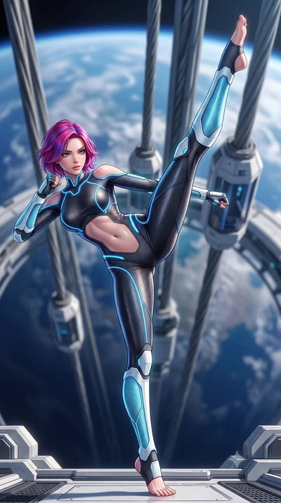score_9, masterpiece, best quality, ultra-detailed, high-budget anime keyframe, semi-realistic 3D game render, editorial fashion photography, tasteful artistic composition, Caucasian woman. low angle full-body shot from head to toe showing her feet, 