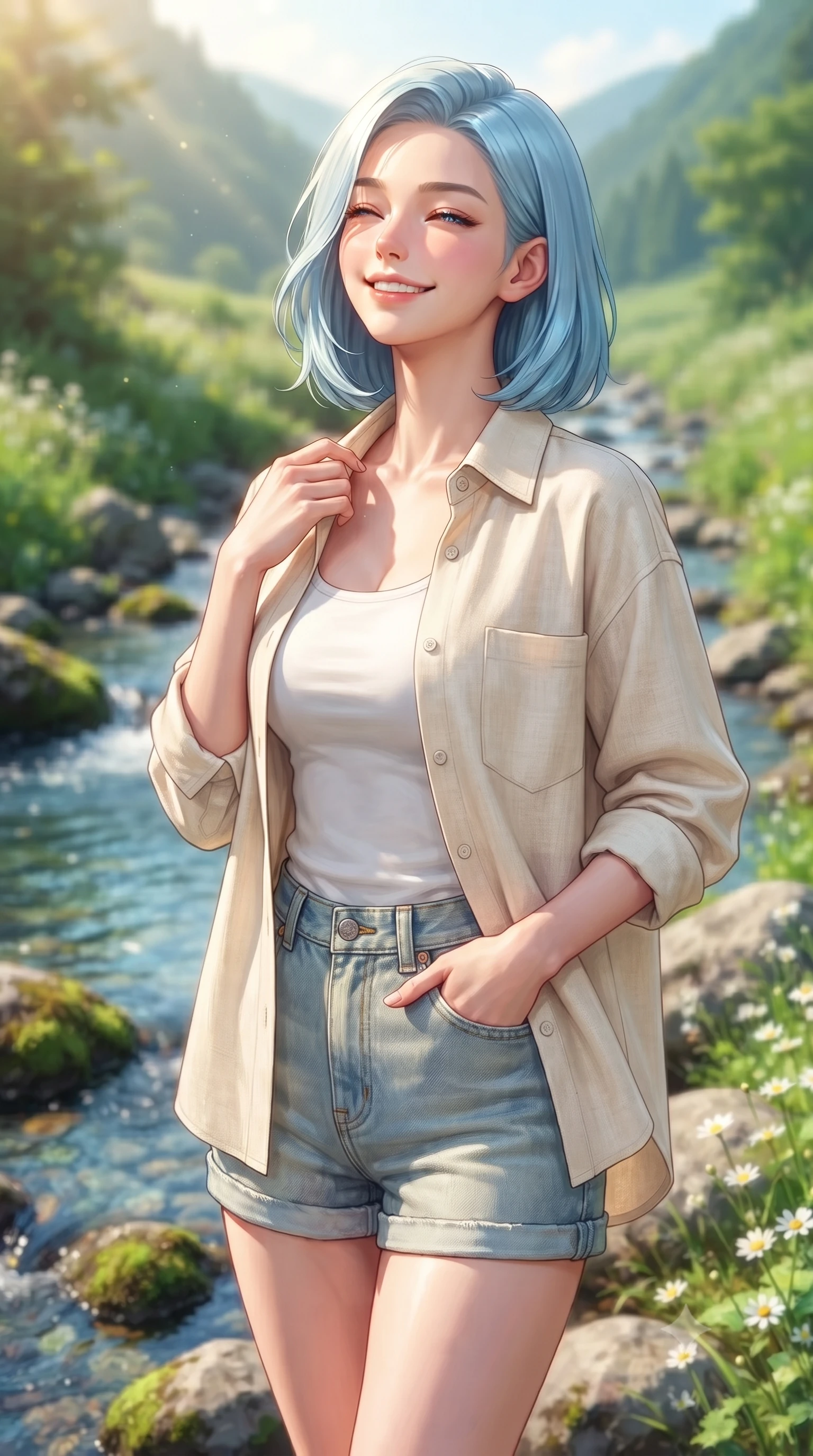 score_9, masterpiece, best quality, ultra-detailed, high-budget anime keyframe, editorial fashion photography, tasteful artistic composition, Korean woman. close-up cowboy shot from the waist and thighs up, the character dominates the composition, filling the frame with her large presence, background elements kept in soft focus. smiling happily with closed eyes, enjoying the warm sunbeams on her face set against a soft-focus background of next to a cool, crystal-clear stream flowing through a lush green valley with small white wildflowers growing between the mossy river rocks. She has an exceptionally elegant, slender, and willowy female figure with an ultra-slim waist, a gracefully sculpted slender torso, and a refined silhouette. sharp v-shaped jawline, high-bridge nose, intricate jewel-like eyes with depth, thick eyelashes, glossy lips with a natural sheen. wearing tailored comfortable linen shirt in cream, worn over a tank top and cotton shorts. soft afternoon sunlight reflecting off the wet rocks and water pool. highly saturated vibrant anime colors, detailed shading with soft gradients, rich glossy textures, high-contrast stereoscopic depth, volumetric dynamic lighting, master piece, 9:16 ratio