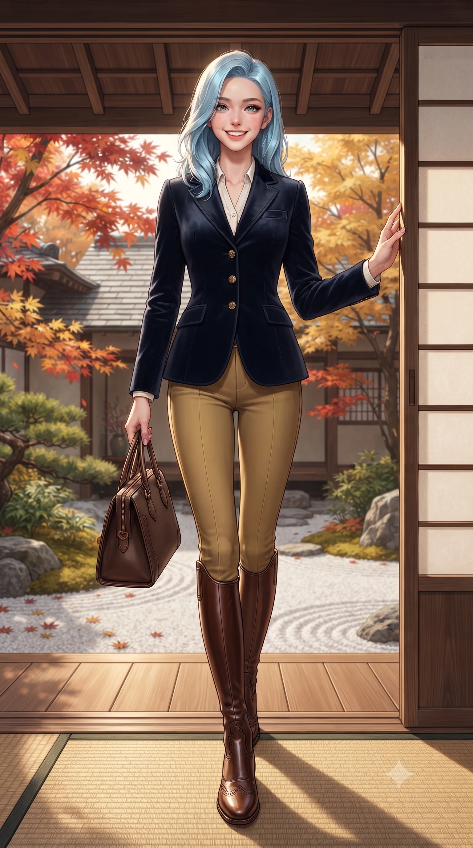 score_9, masterpiece, best quality, ultra-detailed, high-budget anime keyframe, editorial fashion photography, tasteful artistic composition, Korean woman. low angle full-body shot from head to toe showing her feet, filling the entire 9:16 vertical frame with her statuesque presence, stretching her vertical silhouette. walking briskly with tall supermodel strides, one hand holding her leather bag and the other swinging with energetic charm while standing poised at the threshold between tatami salon and autumn garden, one hand touching the sliding shoji screen frame with quiet grace. The surrounding environment is rendered in vivid detail and crisp panoramic clarity: detailed modern kimono-wrap wool coat tailoring, sash belt knot, and classical Japanese temple joinery in razor-sharp precision. She has an exceptionally tall and slender model-like 8.5-heads proportion, an ultra-slim waist, a flat toned midriff, narrow delicate ribcage, and beautifully sculpted feminine hips creating a graceful, slim hourglass silhouette without any bulky heaviness, with impossibly long slender legs. sharp v-shaped jawline, high-bridge nose, intricate jewel-like sparkling eyes with depth, thick eyelashes, glossy parted lips with a natural peach sheen, bright cheerful beaming smile with an enchanting and coquettish sensual glint, exuding both youthful cute charm and seductive allure, flawlessly proportioned anatomical accuracy, strict slender model proportions, natural body alignment, perfectly sculpted long slender limbs, ultra-slim waistline, clean dynamic posture without body distortion. wearing a tailored velvet collar wool equestrian blazer paired with slim-cut riding trousers and knee-high leather boots in Ginza vintage brass gold and midnight navy, tailored from fine wool gabardine with crisp permanent pleats and sharp drape, complemented by classic polished leather oxfords with brogue perforations, the expertly draped wool fabric falling in crisp fluid lines along her tall 8.5-heads silhouette, celebrating her slender frame without excess fabric bulk. illuminated by white gravel garden bounce and warm vermilion-gold rim lights defining her delicate features, jawline, and graceful silhouette. ultra-reflective glossy finish, specular highlights, rich textural contrasts, high-contrast stereoscopic depth, volumetric dynamic lighting, 2k, ultra detail, master piece, 9:16 ratio
