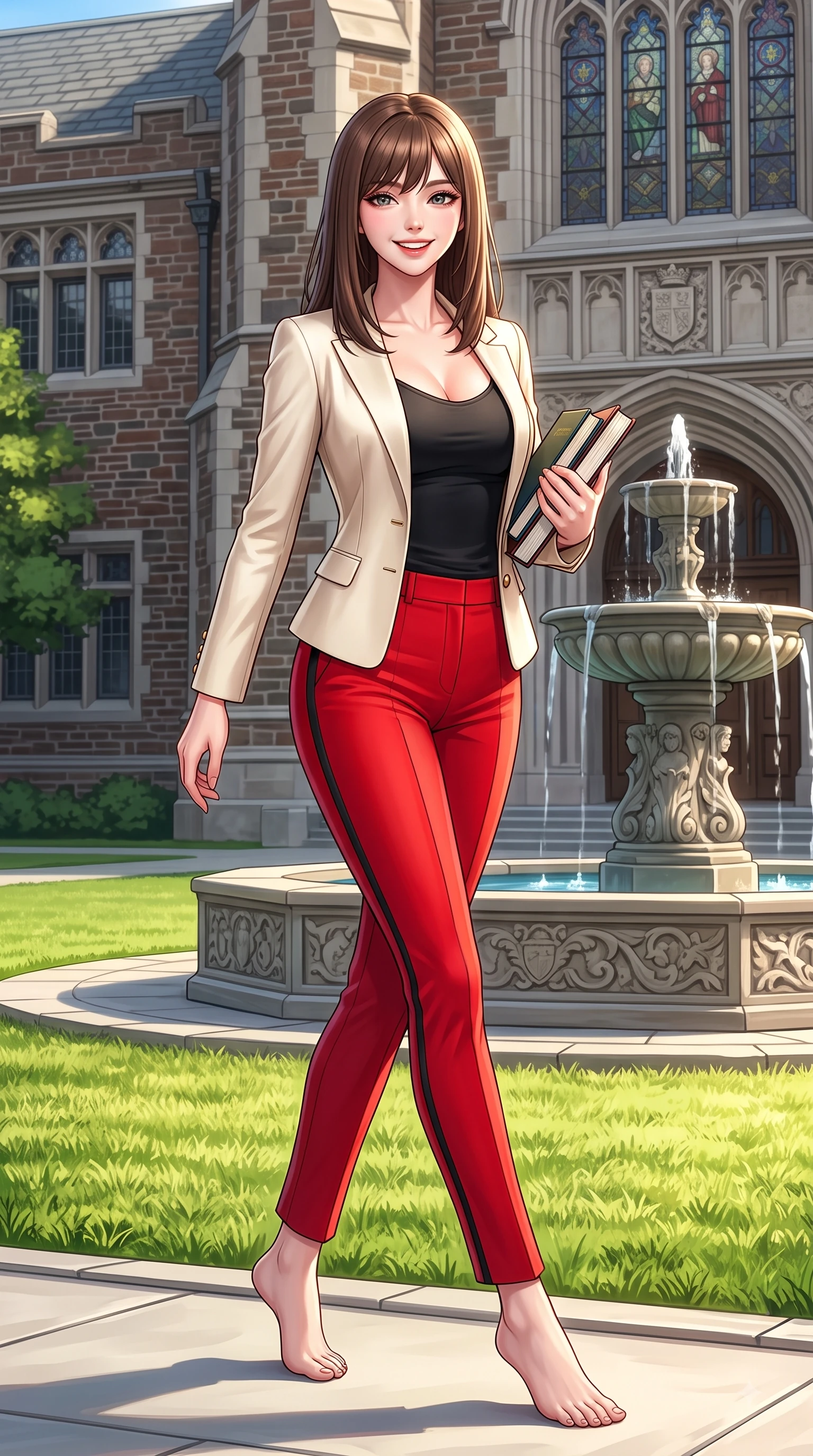 score_9, masterpiece, best quality, ultra-detailed, high-budget anime keyframe, editorial fashion photography, tasteful artistic composition, Korean woman. low angle full-body shot from head to toe showing her feet, filling the entire 9:16 vertical frame with her statuesque presence, stretching her vertical silhouette. walking forward in a proud dynamic stride with a cheerful beaming smile, her vertical silhouette filling the frame while walking happily across a lush green university campus quad carrying books with a beaming smile. The surrounding environment is rendered in vivid detail and crisp panoramic clarity. intricate fountain carvings, sunlit lawn textures, and historical facade details rendered in high resolution. She has an absolutely perfect, statuesque 8.5-heads proportion, an exceptionally tall and slender model-like female figure with impossibly long slender legs and an ultra-slim waist. sharp v-shaped jawline, high-bridge nose, intricate jewel-like eyes with depth, thick eyelashes, glossy lips with a natural sheen, flawlessly proportioned anatomical accuracy, natural body alignment, perfectly sculpted elegant limbs, clean dynamic posture without body distortion. wearing a tailored cream silk blazer over a fitted scoop-neck camisole and slacks in vibrant scarlet red and sleek black trim, made of premium stretch jersey that follows her curves like a glove, adorned with delicate gold buttons along the front, the tailored fabric tightly following every curve of her athletic build. surrounded by an uplifting, fresh, and youthful academic ambiance. highly saturated vibrant anime colors, detailed shading with soft gradients, rich glossy textures, high-contrast stereoscopic depth, volumetric dynamic lighting, master piece, 9:16 ratio