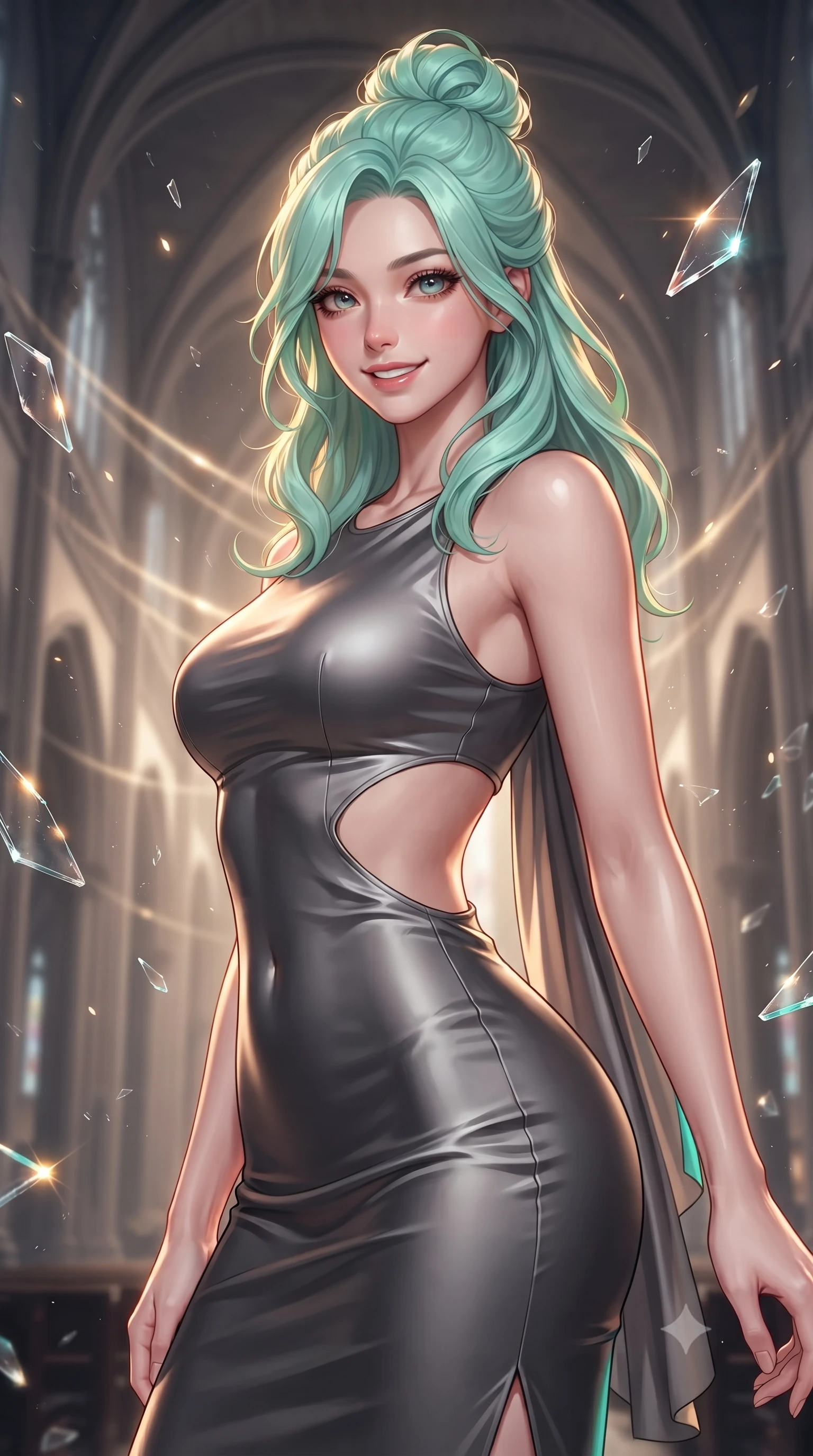 score_9, masterpiece, best quality, ultra-detailed, high-budget anime keyframe, editorial fashion photography, tasteful artistic composition, Japanese woman. close-up cowboy shot from the waist and thighs up, the character dominates the composition, filling the frame with her large presence, background elements kept in soft focus. Smiling with quiet, magnetic self-assurance directly into the lens guiding glowing choir light threads weaving through majestic vaulted arches, shattered glass shards catching bright specular highlights in mid-air. She has an exceptionally elegant, slender, and willowy female figure with an ultra-slim waist, a gracefully sculpted slender torso, and a refined silhouette. sharp v-shaped jawline, high-bridge nose, intricate jewel-like eyes with depth, thick eyelashes, glossy lips with a natural sheen. wearing a precision-fitted liquid jersey bodycon dress with a draped back in charcoal grey and platinum, crafted from lustrous satin jersey with fluid draping, featuring clean architectural cutouts along her slender torso, the sleek second-skin texture accentuating her magnetic presence. illuminated by a warm golden key light and brilliant multi-color rim light. ultra-reflective glossy finish, specular highlights, metallic sheen, high-contrast stereoscopic depth, volumetric dynamic lighting, 2k, ultra detail, master piece, 9:16 ratio