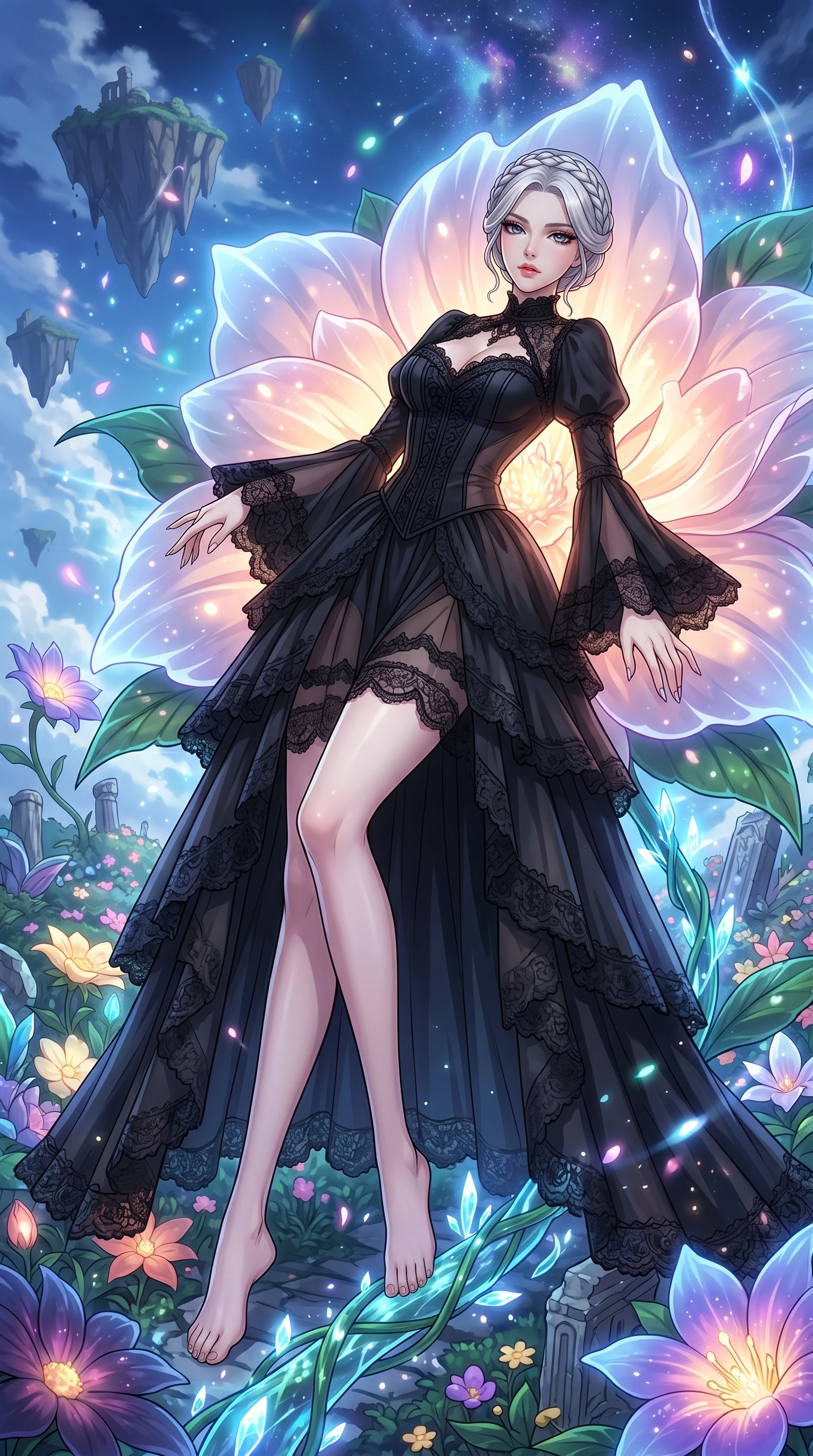 score_9, masterpiece, best quality, ultra-detailed, High-budget Anime Keyframe, vibrant colors, fluid line-art, expressive lighting, cinematic composition, Ufotable-style visual effects, top-tier animation quality, Korean woman with idol-like refined features. Dynamic full-body shot stretching the vertical silhouette, capturing her from a powerful low-angle perspective. Resting against a giant glowing flower that emits a soft, pulse-like light. She has an absolutely perfect 8-heads proportion, an exceptionally tall and slender female figure with impossibly long slender legs and an ultra-slim waist, her statuesque height and towering silhouette dominating the vertical 9:16 frame. Her face is a masterpiece featuring a sharp v-shaped jawline, high-bridge nose, intricate jewel-like eyes with depth, thick eyelashes, and glossy lips with a natural sheen. She is wearing a Ornate gothic lolita dress with layers of black lace, corset-style gown with flowing bell sleeves, and sheer fabric transparency.. The scene is set in a floating island covered in giant glowing flowers and vines of pure energy. 2k, ultra detail, master piece, 9:16 ratio