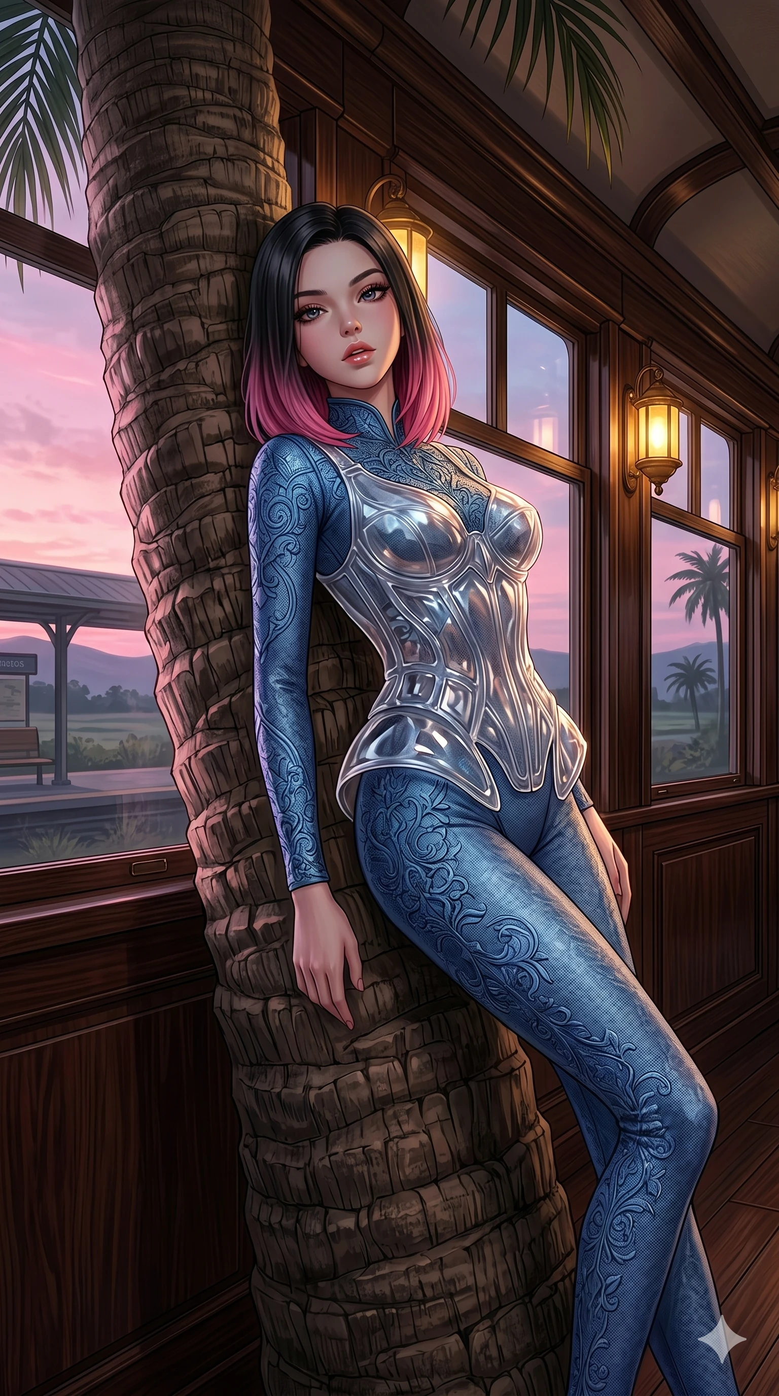 score_9, masterpiece, best quality, ultra-detailed, high-budget anime keyframe, editorial fashion photography, tasteful artistic composition, Korean woman. cowboy shot from the thighs up, character and outfit filling the frame for maximum editorial presence. leaning back against a massive palm trunk, her lips parted inside a luxury train car cabin with dark wood paneling and large windows (Code-P18-170). She has an absolutely perfect 8-heads proportion, an exceptionally tall and slender female figure with impossibly long slender legs and an ultra-slim waist. V-shaped jawline, high-bridge nose, intricate jewel-like eyes with depth, thick eyelashes, glossy lips with a natural sheen. wearing a translucent polymer structured bodice over a blue patterned embroidery sleek form-fitting suit. soft pink sunset glow mixed with warm lantern light, tracing her jawline and lips. 2k, ultra detail, master piece, 9:16 ratio