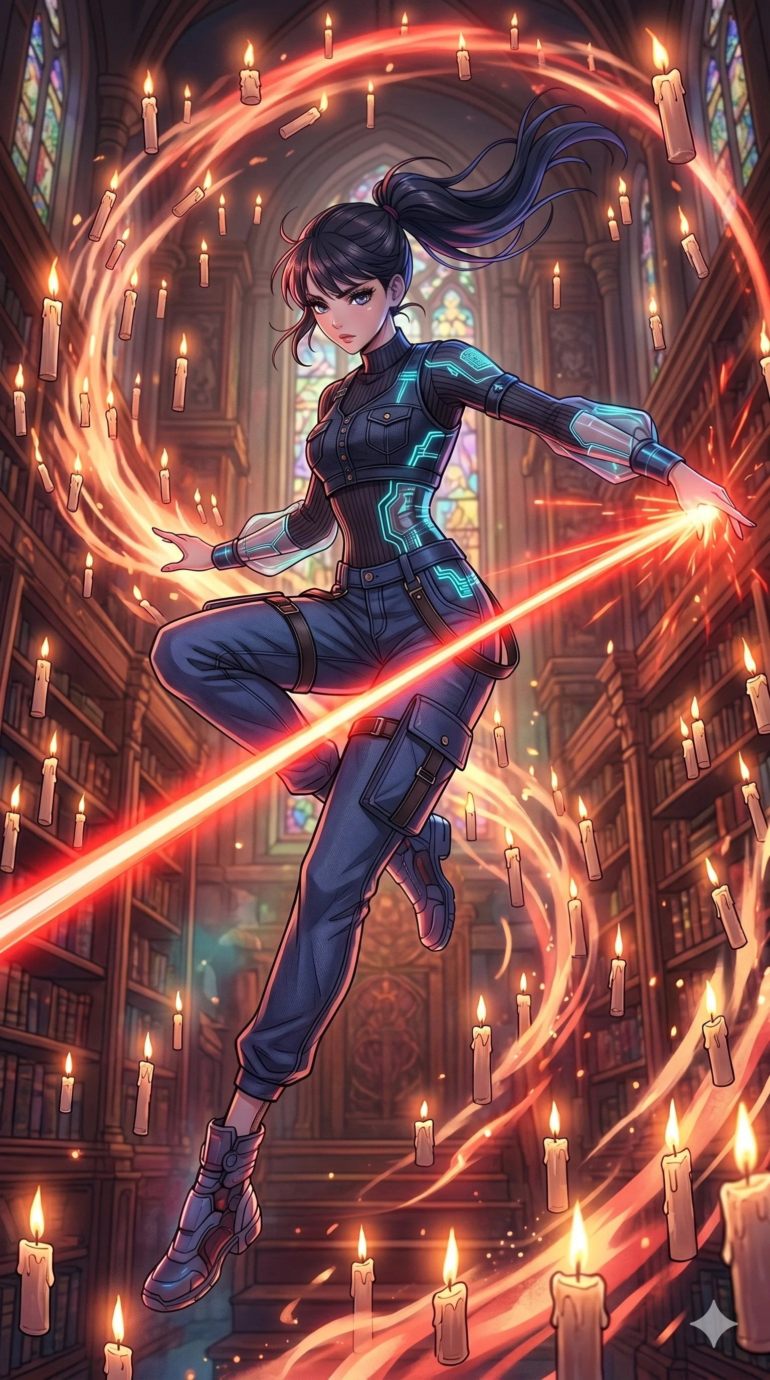 score_9, masterpiece, best quality, ultra-detailed, high-budget anime movie keyframe, cinematic anime lighting, intricate line art, Caucasian woman. Mid-air action shot capturing a graceful twist and vertical silhouette. manipulating the light of a thousand candles to form a laser. She has an elegant and graceful female figure with elegant silhouette. sharp v-shaped jawline, high-bridge nose, intricate jewel-like eyes, thick eyelashes, soft lips. Wearing Urban Trendsetter: Ribbed fitted dress, crop top with high-waist denim, and elegant bodice with cargo pants. The scene is illuminated by dramatic atmospheric lighting and vibrant color palettes. , 2k, ultra detail, master piece, 9:16 ratio