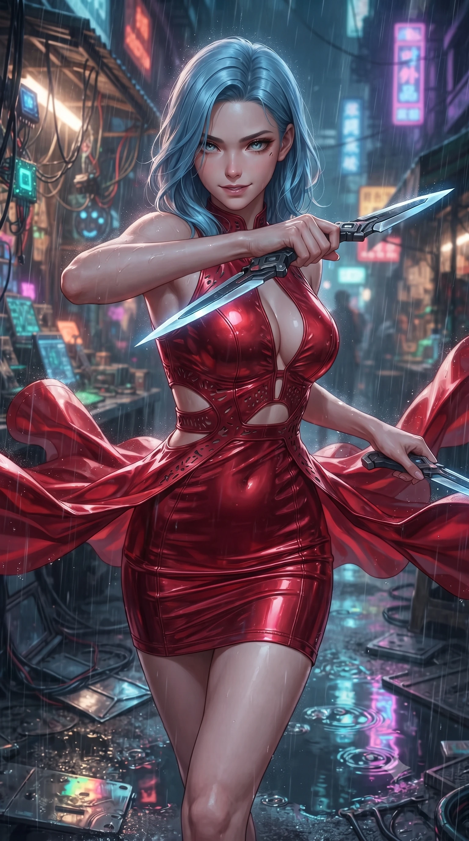 score_9, masterpiece, best quality, ultra-detailed, high-budget anime keyframe, editorial fashion photography, tasteful artistic composition, realistic cosplay photography, Korean woman. close-up cowboy shot from the waist and thighs up, the character dominates the composition, filling the frame with her large presence, background elements kept in soft focus. Drawing a twin set of energy daggers with a quiet, menacing smile and a sharp sidelong glare. set against a soft-focus background of a chaotic market stall selling salvaged military cyberware and glowing optical chips under heavy acid rain. She has an exceptionally elegant and slender, willowy female figure with an ultra-slim waist, a gracefully sculpted slender torso, and a refined slim physique. sharp v-shaped jawline, high-bridge nose, intricate jewel-like eyes with depth, thick eyelashes, glossy lips with a natural sheen. wearing the lightweight fabric rippling and billowing dramatically with her movement, a body-hugging bodycon tech-wear mini dress in crimson red, featuring double waist cutouts and a plunging keyhole neckline. prismatic neon reflections in oily puddles bouncing off metallic debris. ultra-reflective glossy finish, specular highlights, metallic sheen, high-contrast stereoscopic depth, volumetric dynamic lighting, 2k, ultra detail, master piece, 9:16 ratio
