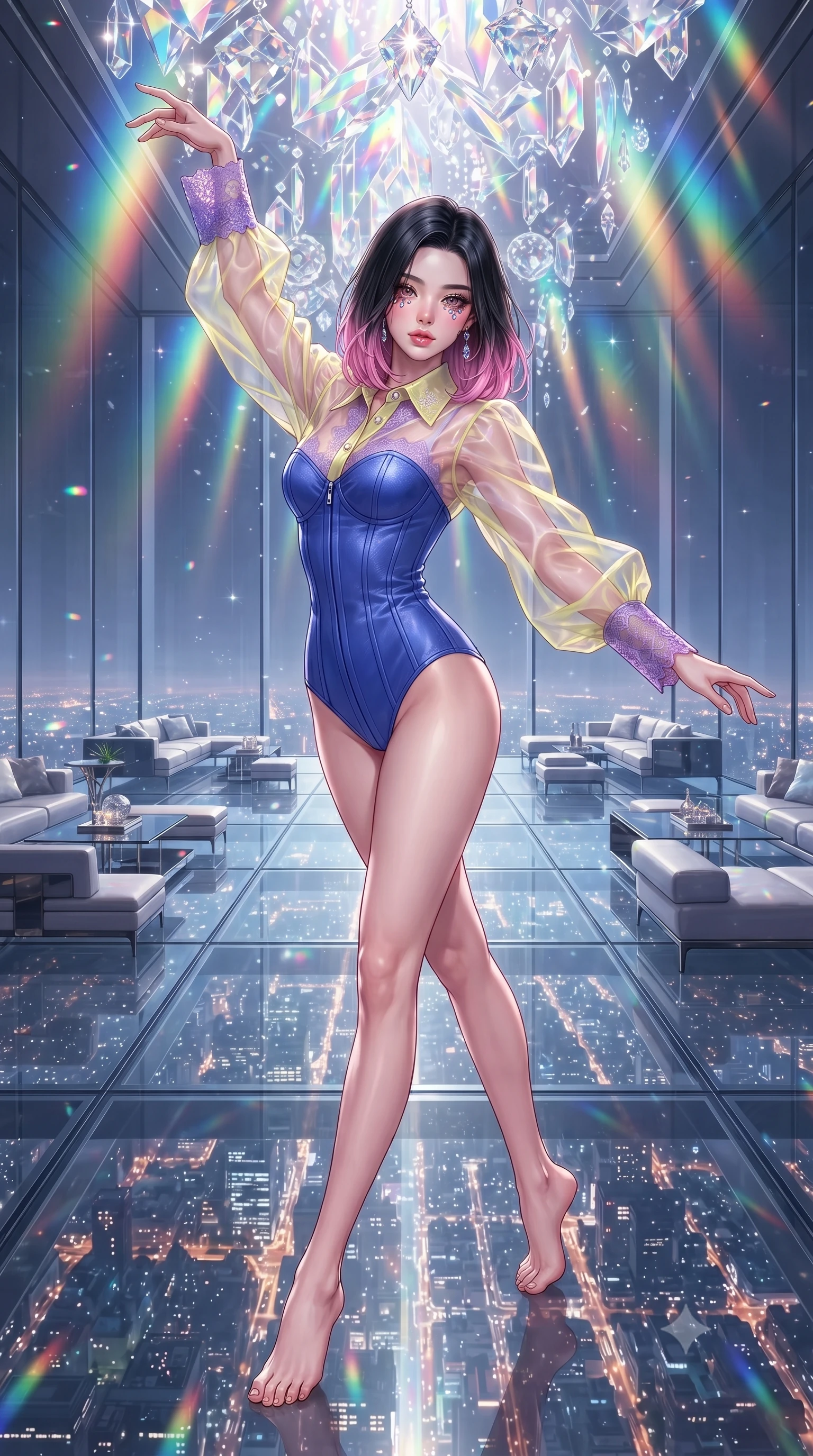 score_9, masterpiece, best quality, ultra-detailed, high-budget anime keyframe, editorial fashion photography, tasteful artistic composition, Korean woman. low angle full-body shot from head to toe showing her feet, filling the entire 9:16 vertical frame with her statuesque presence, stretching her vertical silhouette. dancing with weightless grace through a luxury lounge with transparent glass floors one hundred stories up revealing the city far below like a living circuit board of twinkling lights with sleek modern furniture floating above the void. She has a statuesque 8.5-heads proportion, an exceptionally tall, slender and willowy model-like build with impossibly long legs and a highly sculpted ultra-slim waist. sharp v-shaped jawline, high-bridge nose, intricate jewel-like eyes with depth, thick eyelashes, glossy lips with a natural sheen. wearing a transparent organza blouse in pastel yellow with purple lace cuffs, layered over a structured cobalt blue corset. cascading rainbow prismatic light refracting through crystal formations overhead. 2k, ultra detail, master piece, 9:16 ratio