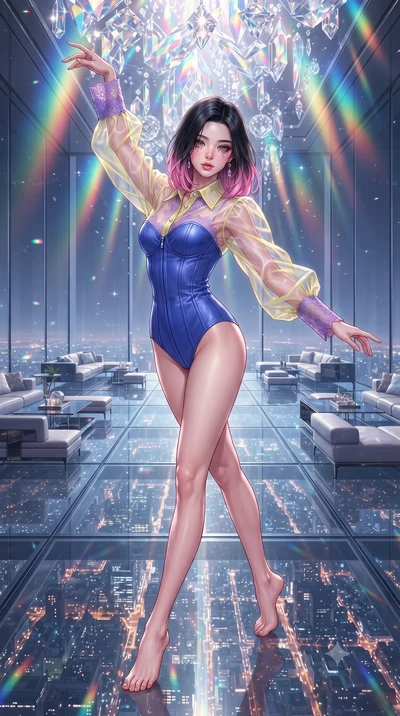 score_9, masterpiece, best quality, ultra-detailed, high-budget anime keyframe, editorial fashion photography, tasteful artistic composition, Korean woman. low angle full-body shot from head to toe showing her feet, filling the entire 9:16 vertical f