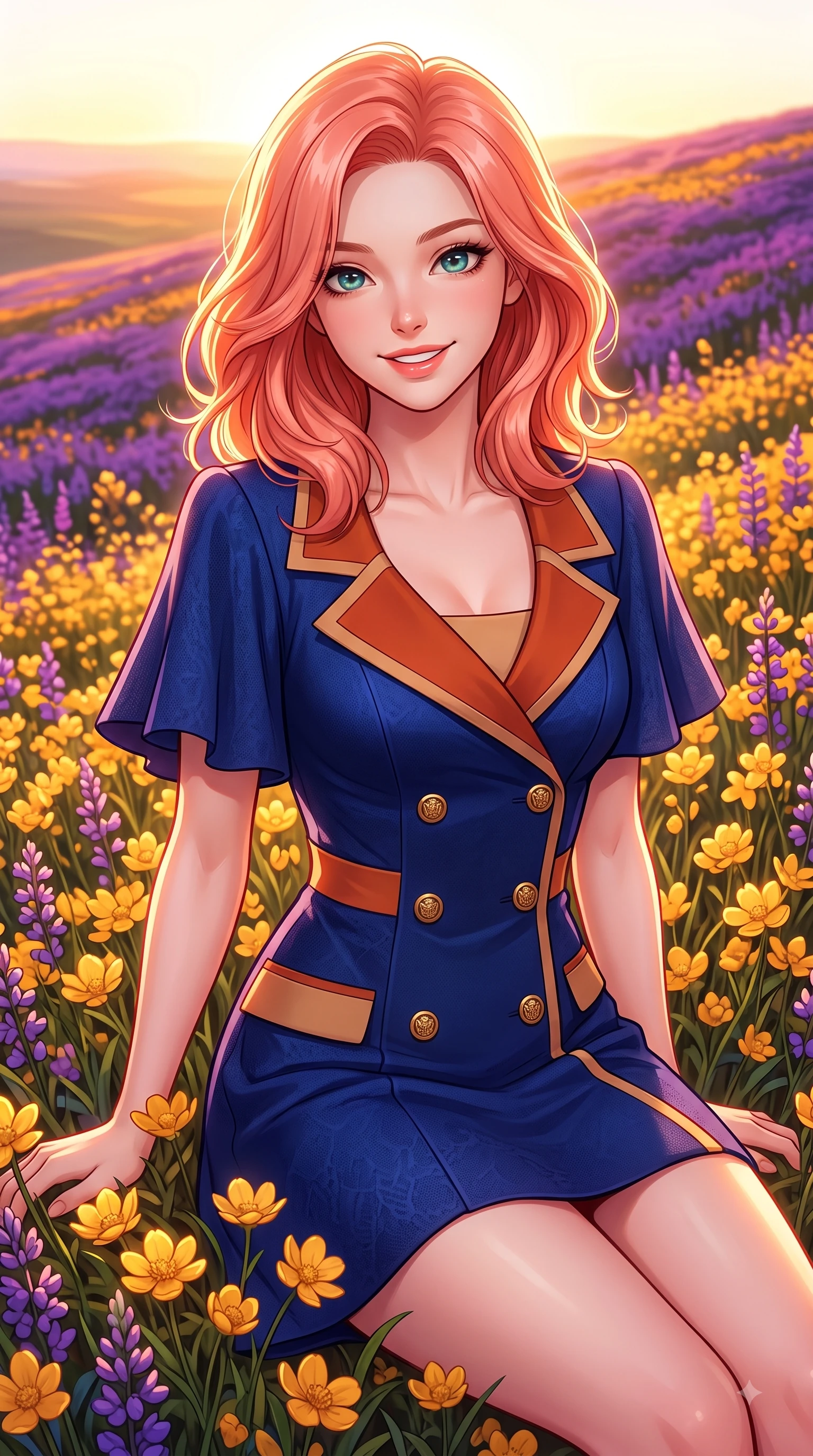 score_9, masterpiece, best quality, ultra-detailed, high-budget anime keyframe, editorial fashion photography, tasteful artistic composition, Japanese woman. close-up cowboy shot from the waist and thighs up, the character dominates the composition, filling the frame with her large presence. Youthful cheerful smile exuding cute playful charm and radiant sparkle in her eyes while resting gracefully among golden blossoms as the setting sun illuminates her hair. The surrounding environment is rendered in vivid detail and crisp panoramic clarity. rich purple and gold color contrast in the landscape rendered with high environmental clarity. She has an exceptionally elegant, slender, and willowy female figure with an ultra-slim waist, a gracefully sculpted slender torso, and a refined silhouette. sharp v-shaped jawline, high-bridge nose, intricate jewel-like eyes with depth, thick eyelashes, glossy lips with a natural sheen, flawlessly proportioned anatomical accuracy, natural body alignment, perfectly sculpted elegant limbs, clean dynamic posture without body distortion. wearing a royal navy blue double-breasted blazer dress accented with gold crest buttons in burnt orange and warm camel beige, made of fine lace weave and soft satin jersey, featuring elegant flutter sleeves and a graceful square neckline, the chic fashion cut framing her graceful clavicle and slender torso. surrounded by a romantic, dreamy, and painterly nature editorial atmosphere. highly saturated vibrant anime colors, detailed shading with soft gradients, rich glossy textures, high-contrast stereoscopic depth, volumetric dynamic lighting, master piece, 9:16 ratio