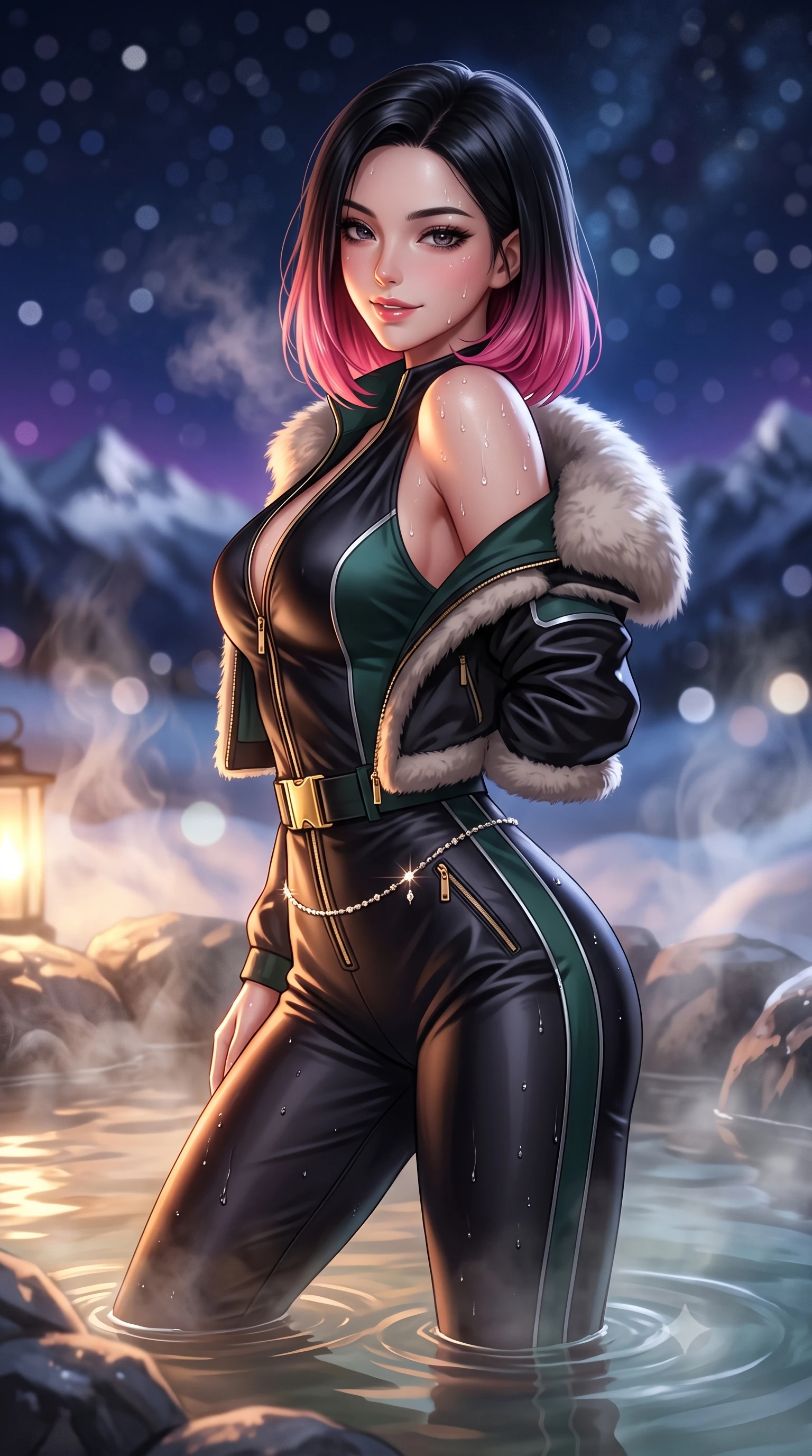 score_9, masterpiece, best quality, ultra-detailed, high-budget anime keyframe, semi-realistic 3D game render, editorial fashion photography, tasteful artistic composition, Korean woman. close-up cowboy shot from the waist and thighs up, the character dominates the composition, filling the frame with her large presence. turning over a bare shoulder with an intoxicating, teasing smile, her soft hair framing her sharp jawline as she looks back while wading through the steaming thermal mineral pool, arching her spine in pure pleasure as snowflakes melt on her glowing skin. The composition keeps background elements in soft focus with creamy bokeh. rising thermal steam swirls and starry alpine night skies blurred into deep sapphire, amethyst, and pearl-white bokeh. She has an exceptionally elegant, slender, and willowy female figure with an ultra-slim waist, a gracefully sculpted slender torso, toned flat midriff, and a refined slim silhouette. sharp v-shaped jawline, high-bridge nose, intricate jewel-like eyes with depth, thick eyelashes, glossy parted lips with a natural sheen, intensely captivating and seductive expression, flawlessly proportioned anatomical accuracy, strict slender model proportions, natural body alignment, perfectly sculpted long slender limbs, ultra-slim waistline, clean dynamic posture without body distortion. wearing a sleek black ski-couture jumpsuit with an open-neck front zipper and golden waist buckle in deep spruce green and liquid silver, made of liquid-smooth silk satin layered under plush faux-shearling fur, accented with a dainty diamond waist chain catching the firelight glow, the snug thermal second-skin fit accentuating her razor-sharp statuesque lines and slim hourglass silhouette amidst the cold snow. surrounded by an intimate, tranquil, and deeply sensual mountain onsen muse aura. highly saturated vibrant anime colors, detailed shading with soft gradients, rich glossy textures, high-contrast stereoscopic depth, volumetric dynamic lighting, master piece, 9:16 ratio