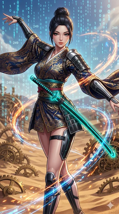 score_9, masterpiece, best quality, ultra-detailed, Set A: High-budget Anime Keyframe, Korean woman. Upper body close-up from the thighs up, character filling the screen for maximum presence. Dancing through a clockwork desert, while a digital blizza