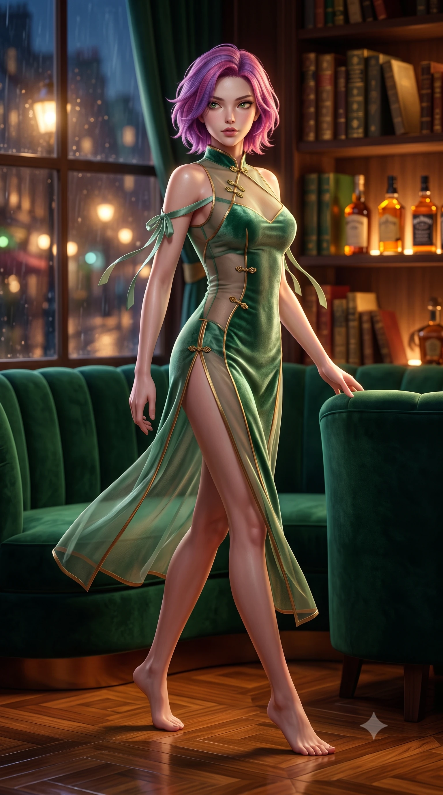 score_9, masterpiece, best quality, ultra-detailed, high-budget anime keyframe, semi-realistic 3D game render, editorial fashion photography, tasteful artistic composition, Caucasian woman. low angle full-body shot from head to toe showing her feet, filling the entire 9:16 vertical frame with her statuesque presence, stretching her vertical silhouette. walking along the terrace with poise, looking back over her bare shoulder with an irresistible smoldering bedroom-gaze while reclining gracefully across the deep emerald velvet curved banquette propped on one elbow, displaying her long slender limbs and statuesque hourglass silhouette. The background shows a soft-focus leather-bound antique gilt books on soaring shelves, backlit amber liquor bottles, and rainy Mayfair streetlamps through sash windows blurred into emerald, amber, and mahogany bokeh. She has an exceptionally tall and slender model-like 8.5-heads proportion, an ultra-slim waist, a flat toned midriff, narrow delicate ribcage, and beautifully sculpted feminine hips creating a graceful, slim hourglass silhouette without any bulky heaviness, with impossibly long slender legs. sharp v-shaped jawline, high-bridge nose, intricate jewel-like sparkling eyes with depth, thick eyelashes, glossy parted lips with a natural peach sheen, bright cheerful beaming smile with an enchanting and coquettish sensual glint, exuding both youthful cute charm and seductive allure, flawlessly proportioned anatomical accuracy, strict slender model proportions, natural body alignment, perfectly sculpted long slender limbs, ultra-slim waistline, clean dynamic posture without body distortion. wearing a provocative sheer silk organza modern qipao dress with dramatic hip-high side slits and translucent mesh frog-button bodice in French Concession jade green and gilded bronze, tailored from ultra-plush silk velvet with rich tactile depth and deep shadow gradients, finished with satin ribbon ties at the shoulders fluttering in the gentle breeze, the liquid-tight tailored fabric clinging flawlessly to her narrow waist and rounded feminine hips, emphasizing every millimeter of her sculpted slim hourglass curves without any bulky heaviness. illuminated by polished parquet reflection bounce and sharp champagne-gold rim lights defining her dewy collarbones, ultra-slim waist, and curvy hips. highly saturated vibrant anime colors, detailed shading with soft gradients, rich glossy textures, high-contrast stereoscopic depth, volumetric dynamic lighting, master piece, 9:16 ratio