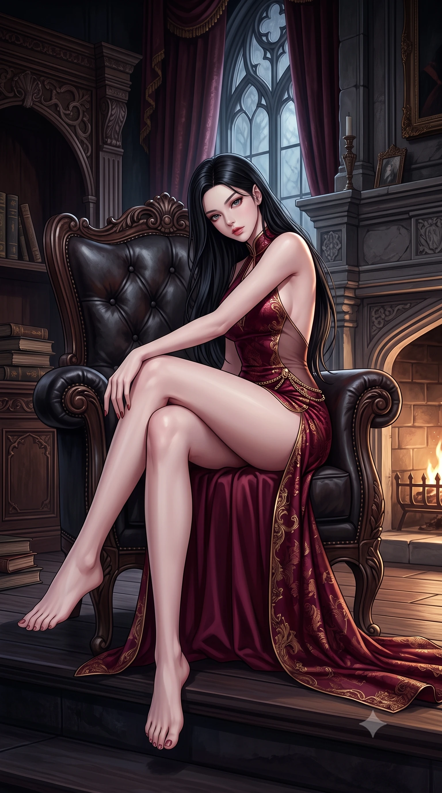 score_9, masterpiece, best quality, ultra-detailed, high-budget anime keyframe, semi-realistic 3D game render, editorial fashion photography, tasteful artistic composition, Korean woman. low angle full-body shot from head to toe showing her feet, filling the entire 9:16 vertical frame with her statuesque presence, stretching her vertical silhouette. sitting poised on the elevated edge with legs crossed and extended, her tall 8.5-heads proportions dominating the scene with effortless poise while curling languidly in an oversized tufted leather armchair, gazing directly into the lens with magnetic bedroom-eyes. The surrounding environment is rendered in vivid detail and crisp panoramic clarity. deep moody chiaroscuro and decadent Victorian vampire sanctuary aesthetics captured with precision. She has an absolutely perfect, statuesque 8.5-heads proportion, an exceptionally tall and slender model-like female figure with impossibly long slender legs, a toned flat midriff, and an ultra-slim waist. sharp v-shaped jawline, high-bridge nose, intricate jewel-like eyes with depth, thick eyelashes, glossy parted lips with a natural sheen, intensely captivating and seductive expression, flawlessly proportioned anatomical accuracy, strict slender model proportions, natural body alignment, perfectly sculpted long slender limbs, ultra-slim waistline, clean dynamic posture without body distortion. wearing a high-collar burgundy duchess satin gown with asymmetrical sheer side panels and thigh slit in deep royal wine burgundy and liquid gold, made of rich textured jacquard silk with baroque gold thread, complemented by a delicate gold waist chain framing her ultra-slim silhouette, the dramatically scooped open back descending to the base of her spine, accentuating her razor-sharp statuesque lines and slim hourglass silhouette. surrounded by an opulent, intimate, and irresistibly hypnotic dark romance aura. highly saturated vibrant anime colors, detailed shading with soft gradients, rich glossy textures, high-contrast stereoscopic depth, volumetric dynamic lighting, master piece, 9:16 ratio