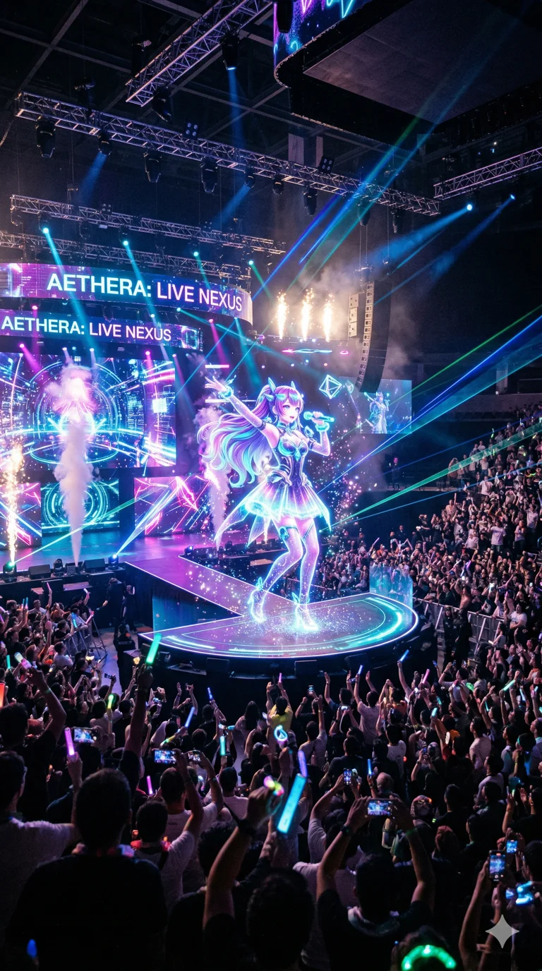 A holographic concert with virtual idol performing 2k, ultra detail, master piece, 9:16 ratio