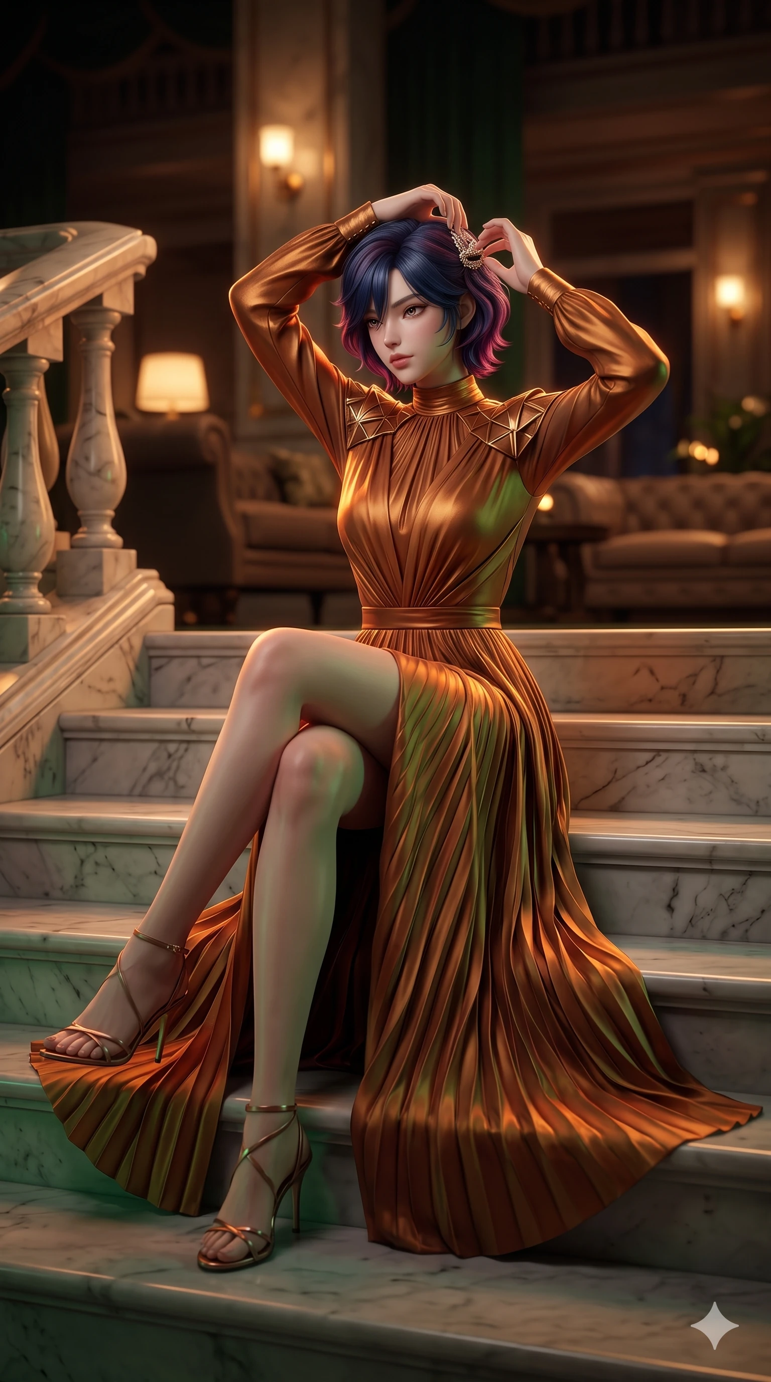 score_9, masterpiece, best quality, ultra-detailed, high-budget anime keyframe, semi-realistic 3D game render, editorial fashion photography, tasteful artistic composition, Korean woman. low angle full-body shot from head to toe showing her feet, filling the entire 9:16 vertical frame with her statuesque presence, stretching her vertical silhouette. sitting poised on the Carrara marble steps with one knee bent, arching her spine with supermodel elegance as she glances upward through thick eyelashes while standing poised at the loge entrance, arching her lower back with sovereign supermodel grace while adjusting her jeweled hair clasp. The background shows a soft-focus exclusive high-stakes club atmosphere softened in private VIP loge shallow focus. She has an exceptionally tall and slender model-like 8.5-heads proportion, an ultra-slim waist, a flat toned midriff, narrow delicate ribcage, and beautifully sculpted feminine hips creating a graceful, slim hourglass silhouette without any bulky heaviness, with impossibly long slender legs. sharp v-shaped jawline, high-bridge nose, intricate jewel-like sparkling eyes with depth, thick eyelashes, glossy parted lips with a natural sheen, intensely captivating and seductive bedroom-eyes expression, exuding both youthful cute charm and sovereign luxury allure, flawlessly proportioned anatomical accuracy, strict slender model proportions, natural body alignment, perfectly sculpted long slender limbs, ultra-slim waistline, clean dynamic posture without body distortion. wearing a refined long-sleeve high-collar silk georgette diplomatic gown with structured geometric shoulder plates and pleated skirt in rich copper bronze and warm amber, crafted from bespoke double-faced cashmere with an exceptionally soft tactile finish, complemented by strappy stiletto sandals with metallic ankle wraps accentuating her slender calves, the impeccably tailored cut draping gracefully along her slender figure with aristocratic poise. bathed in low-key, high-contrast chiaroscuro lighting with narrow green and amber spotlights on the gaming table. highly saturated vibrant anime colors, detailed shading with soft gradients, rich glossy textures, high-contrast stereoscopic depth, volumetric dynamic lighting, master piece, 9:16 ratio