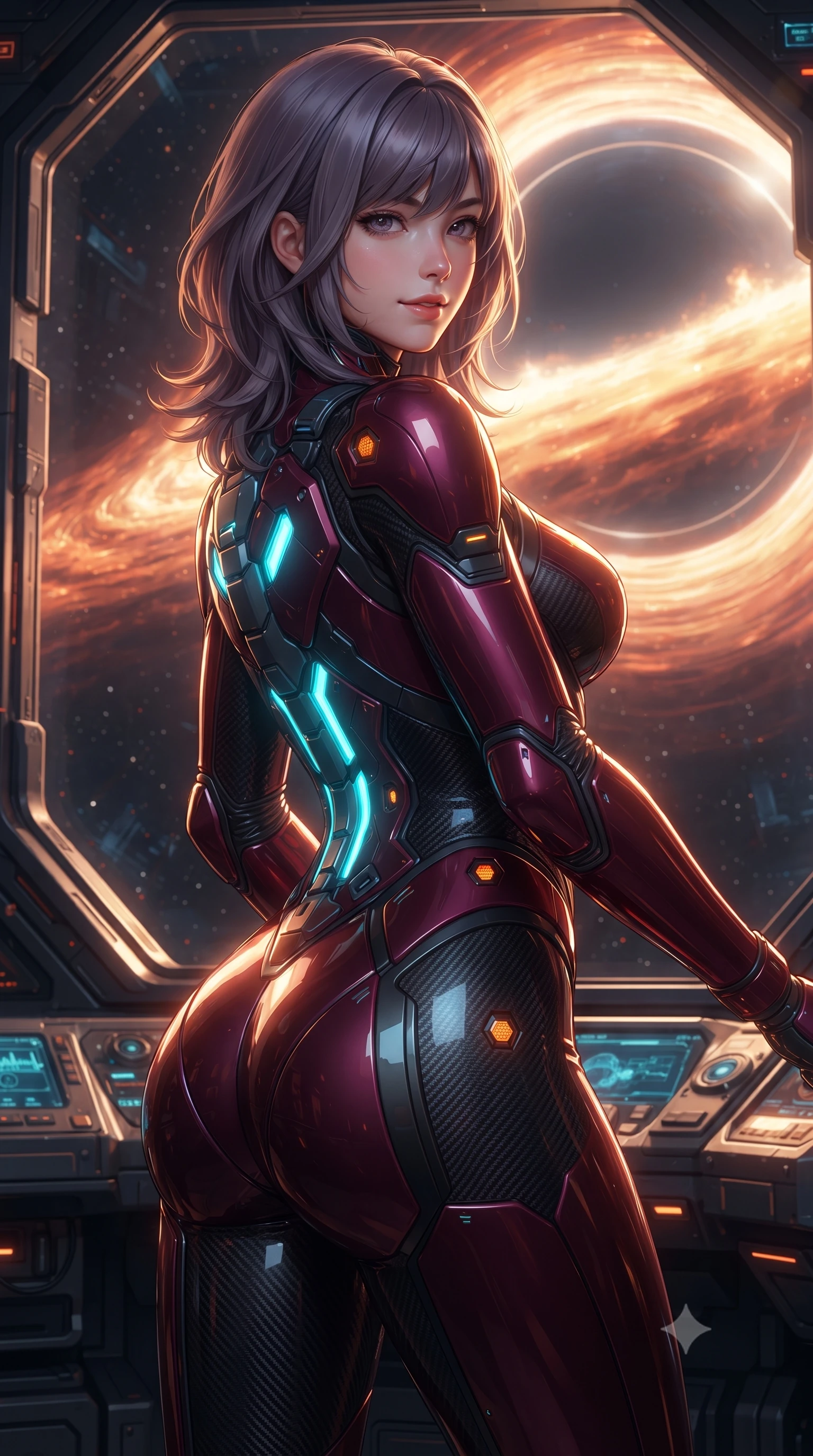 score_9, masterpiece, best quality, ultra-detailed, high-budget anime keyframe, editorial fashion photography, tasteful artistic composition, Japanese woman. close-up cowboy shot from the waist and thighs up, the character dominates the composition, filling the frame with her large presence. turning slowly with a smoldering smile, her sleek hair catching the cockpit HUD rim light as her hips angle gracefully in a captivating contrapposto while standing poised at the edge of the reinforced observation window, arching her back as the colossal fiery accretion disk of the black hole swirls. The surrounding environment is rendered in vivid detail and crisp panoramic clarity: detailed combat suit weave, blinding accretion light reflections on armor, and deep-space observatory architecture in high clarity. She has an exceptionally elegant, slender, and willowy female figure with an ultra-slim waist, flat toned midriff, narrow ribcage, and sculpted feminine hips creating an alluring, slim hourglass silhouette without bulk. sharp v-shaped jawline, high-bridge nose, intricate jewel-like sparkling eyes with depth, thick eyelashes, glossy parted lips with a natural sheen, bright confident smile with an enchanting and coquettish sensual glint, exuding both youthful magnetic charm and sovereign high-tech allure, flawlessly proportioned anatomical accuracy, strict slender model proportions, natural body alignment, perfectly sculpted long slender limbs, ultra-slim waistline, clean dynamic posture without body distortion. wearing a form-contouring exo-suit chassis with glowing cyan hydraulic spine braces worn over an ultra-slim bodysuit in deep wine crimson and dark carbon weave, tailored from ultra-reflective glossy liquid vinyl with mirror-like specular highlights, accented with subtle hexagonal heat-sink vents glowing with dim orange thermal heat, the form-fitting tactical tailoring adhering flawlessly to her sculpted flat midriff and slender torso, emphasizing her long leg lines and perfectly proportioned willowy build. illuminated by cabin instrument fills and sharp molten-gold rim lights defining her razor-sharp jawline, narrow waist, and curvy hips. ultra-reflective glossy finish, specular highlights, rich textural contrasts, high-contrast stereoscopic depth, volumetric dynamic lighting, 2k, ultra detail, master piece, 9:16 ratio