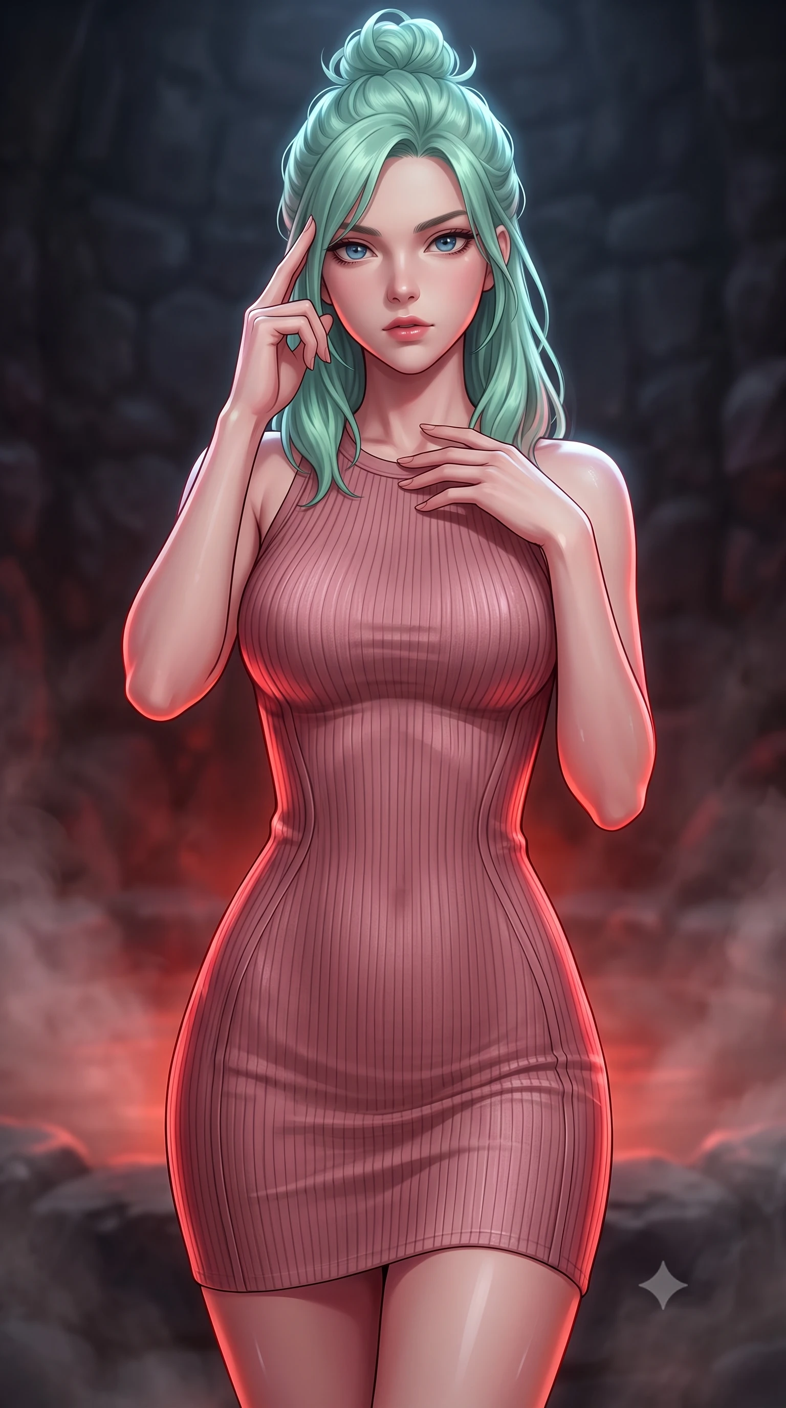 score_9, masterpiece, best quality, ultra-detailed, high-budget anime keyframe, editorial fashion photography, tasteful artistic composition, Japanese woman woman. close-up cowboy shot from the waist and thighs up, the character dominates the composition, filling the frame with her large presence, background elements kept in soft focus. She has an exceptionally elegant, slender, and willowy female figure with an ultra-slim waist, a gracefully sculpted slender torso, and a refined silhouette. pressing two fingers to her temple in a composed gesture, gazing past the camera with sharp focus, flawlessly proportioned anatomical accuracy, natural body alignment, perfectly sculpted elegant limbs, clean dynamic posture without body distortion. set against a soft-focus background of a dark basalt thermal bath chamber with rising mineral steam. wearing a sculpted dusty rose ribbed knit bodycon dress with form-contouring side seams. bathed in warm crimson furnace glow from below contrasting with cool top ambient light. highly saturated vibrant anime colors, detailed shading with soft gradients, rich glossy textures, high-contrast stereoscopic depth, volumetric dynamic lighting, master piece, 9:16 ratio