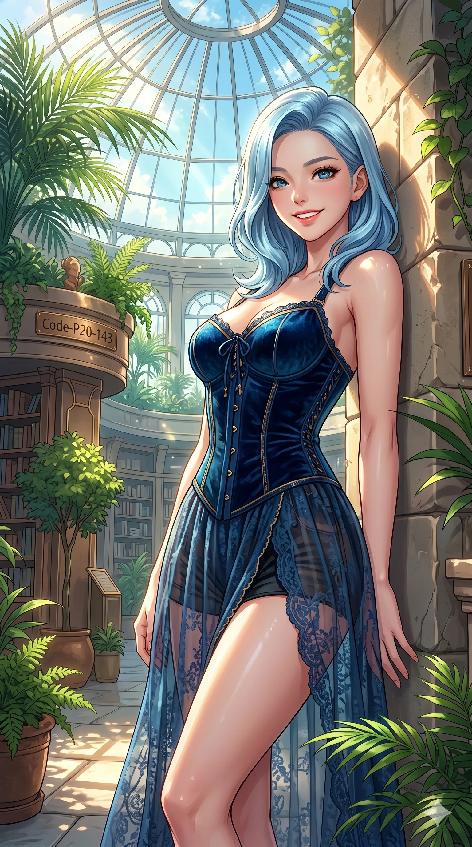score_9, masterpiece, best quality, ultra-detailed, high-budget anime keyframe, vibrant anime aesthetic, Korean woman. cowboy shot from the thighs up, character and outfit filling the frame for maximum presence. She is leaning against a villa wall, looking at the camera with a bright, friendly smile inside a glass dome library with green plants (Code-P20-143). She has an absolutely perfect 8-heads proportion, an exceptionally tall and slender female figure with impossibly long slender legs and an ultra-slim waist. V-shaped jawline, high-bridge nose, intricate jewel-like eyes with depth, thick eyelashes, glossy lips with a natural sheen. wearing a dark velvet corset combined with a sheer lace resort skirt. She is drenched in bright afternoon sun, highlighting the glossy textures of her outfit. 2k, ultra detail, master piece, 9:16 ratio