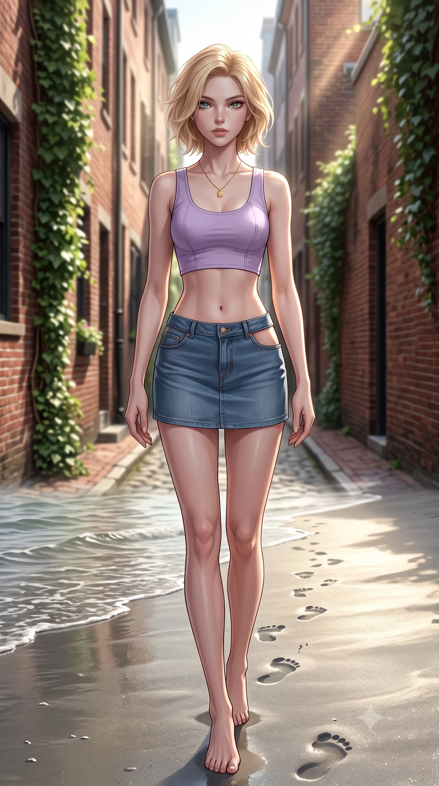 score_9, masterpiece, best quality, ultra-detailed, high-budget anime keyframe, editorial fashion photography, tasteful artistic composition, Caucasian woman woman. low angle full-body shot from head to toe showing her feet, filling the entire 9:16 vertical frame with her statuesque presence, stretching her vertical silhouette. walking slowly along the shoreline, leaving footprints in the wet sand the background shows a soft-focus a charming brick-walled lane in a historic district, with green ivy climbing the walls. She has an absolutely perfect, statuesque 8.5-heads proportion, an exceptionally tall and slender model-like female figure with impossibly long slender legs and an ultra-slim waist. sharp v-shaped jawline, high-bridge nose, intricate jewel-like eyes with depth, thick eyelashes, glossy lips with a natural sheen. wearing a tailored modern crop top in lavender cotton paired with a low-rise denim skirt and a subtle waist cut-out. sun rays cutting through the gap between buildings, creating dramatic contrasts. 2k, ultra detail, master piece, 9:16 ratio