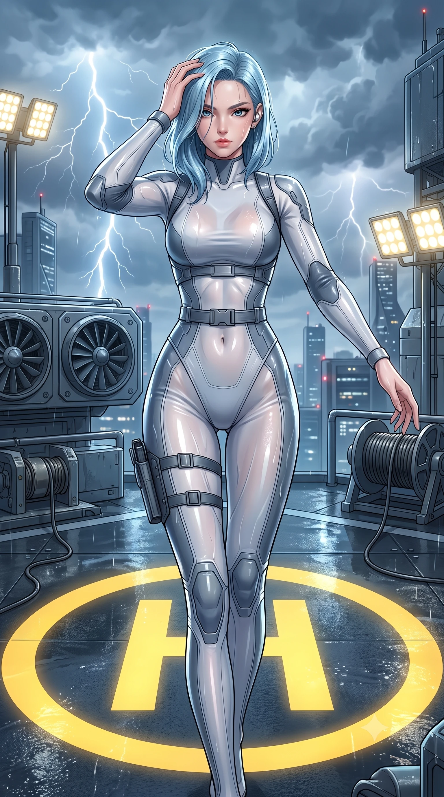 score_9, masterpiece, best quality, ultra-detailed, high-budget anime keyframe, semi-realistic 3D game render, editorial fashion photography, tasteful artistic composition, Korean woman. close-up cowboy shot from the waist and thighs up, the character dominates the composition, filling the frame with her large presence. extending one slender arm gracefully toward the foreground while casting an affectionate, mesmerizing glance while standing resolute at the center of the illuminated yellow helipad circle, pushing wet hair from her forehead with a fierce gaze. The surrounding environment is rendered in vivid detail and crisp panoramic clarity. detailed turbine exhaust grilles, grappling cable spool mechanisms, and lightning strikes in high clarity. She has an exceptionally elegant, slender, and willowy female figure with an ultra-slim waist, a gracefully sculpted slender torso, toned flat midriff, and a refined slim silhouette. sharp v-shaped jawline, high-bridge nose, intricate jewel-like eyes with depth, thick eyelashes, glossy lips with a natural sheen, captivating and magnetic expression, flawlessly proportioned anatomical accuracy, strict slender model proportions, natural body alignment, perfectly sculpted long slender limbs, ultra-slim waistline, clean dynamic posture without body distortion. wearing a high-tech surveillance operative suit with flexible titanium joints and waist-cinching harness in winter stealth arctic white and slate grey, tailored from fluid silk crepe with inner ballistic reinforcement, accessorized with a sleek concealed garter holster and pearl ear transmitter, the liquid-tight tailored fabric emphasizing every curve of her tall, slender model proportions and sculptured silhouette during dynamic movement. illuminated by wet specular highlights tracing her sculpted flat midriff, waistline, and long legs. highly saturated vibrant anime colors, detailed shading with soft gradients, rich glossy textures, high-contrast stereoscopic depth, volumetric dynamic lighting, master piece, 9:16 ratio