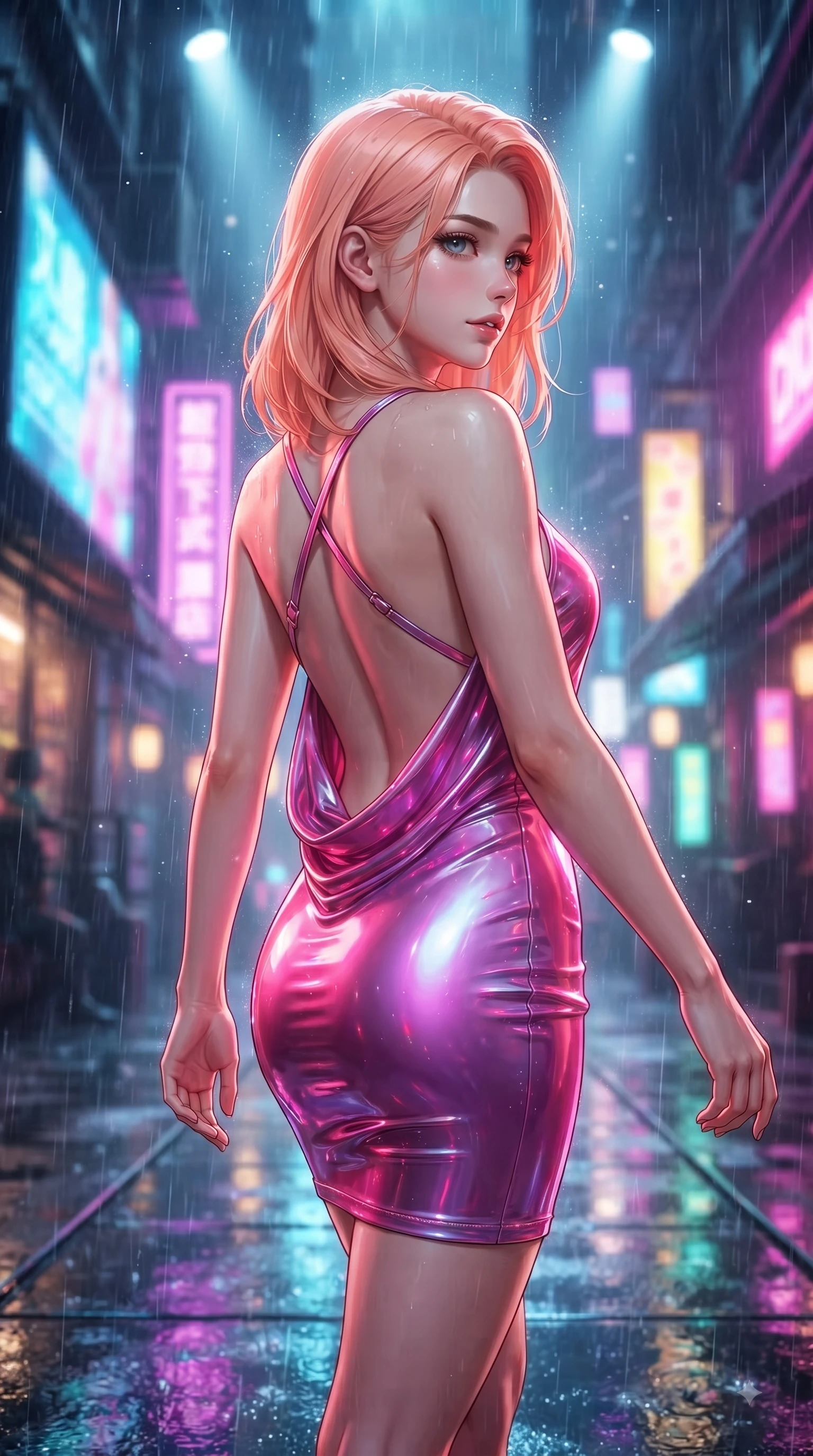 score_9, masterpiece, best quality, ultra-detailed, high-budget anime keyframe, editorial fashion photography, tasteful artistic composition, Japanese woman. close-up cowboy shot from the waist and thighs up, the character dominates the composition, filling the frame with her large presence. stretching forward with an alluring arch of her spine, glancing over her shoulder with thick eyelashes and a smoldering half-smile while striding commanding down a glossy wet glass runway in a rain-drenched cyberpunk alley. The composition keeps background elements in soft focus with creamy bokeh. vibrant neon billboards and cascading rain droplets blurred into dazzling urban bokeh. She has an exceptionally elegant, slender, and willowy female figure with an ultra-slim waist, a gracefully sculpted slender torso, and a refined silhouette. sharp v-shaped jawline, high-bridge nose, intricate jewel-like eyes with depth, thick eyelashes, glossy lips with a natural sheen, flawlessly proportioned anatomical accuracy, natural body alignment, perfectly sculpted elegant limbs, clean dynamic posture without body distortion. wearing a precision-fitted liquid jersey bodycon dress with a dramatic draped cowl back that swoops down to her waist in chromatic platinum and blazing neon magenta, tailored from semi-translucent cybernetic vinyl with glowing micro-filaments, complemented by criss-cross back straps highlighting her completely bare spine, the sleek aerodynamic cut emphasizing her magnetic presence and alluring physical grace. bathed in multi-colored neon reflections from wet surfaces and sharp overhead spotlights. ultra-reflective glossy finish, specular highlights, metallic sheen, high-contrast stereoscopic depth, volumetric dynamic lighting, 2k, ultra detail, master piece, 9:16 ratio