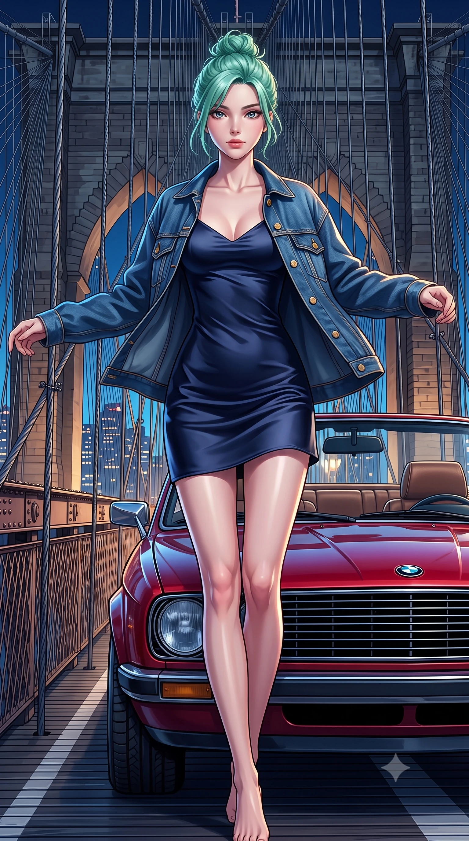 score_9, masterpiece, best quality, ultra-detailed, high-budget anime keyframe, semi-realistic 3D game render, editorial fashion photography, tasteful artistic composition, Japanese woman. low angle full-body shot from head to toe showing her feet, filling the entire 9:16 vertical frame with her statuesque presence, stretching her vertical silhouette. executing an elegant mid-motion spin with effortless grace, her garments fluttering softly around her ultra-slim waistline while leaning against the hood of a cherry-red vintage 1980s convertible parked on a coastal suspension bridge at midnight. The surrounding environment is rendered in vivid detail and crisp panoramic clarity. sharp chrome car emblem reflections, leather upholstery stitching, and bridge steel rivets in deep focus. She has an absolutely perfect, statuesque 8.5-heads proportion, an exceptionally tall and slender model-like female figure with impossibly long slender legs, a toned flat midriff, and an ultra-slim waist. sharp v-shaped jawline, high-bridge nose, intricate jewel-like eyes with depth, thick eyelashes, glossy lips with a natural sheen, captivating and magnetic expression, flawlessly proportioned anatomical accuracy, strict slender model proportions, natural body alignment, perfectly sculpted long slender limbs, ultra-slim waistline, clean dynamic posture without body distortion. wearing a romantic 90s silk satin slip dress layered under an unbuttoned vintage oversized denim jacket in deep navy blue and vintage brass gold, crafted from ultra-soft brushed fleece and vintage-washed jersey, finished with polished mother-of-pearl buttons and tailored flap pockets, the form-contouring material adhering flawlessly to her sculpted flat midriff and slender torso, emphasizing her long leg lines and perfectly proportioned willowy build. illuminated by crisp metallic reflections tracing her ultra-slim waistline, collarbones, and long legs. highly saturated vibrant anime colors, detailed shading with soft gradients, rich glossy textures, high-contrast stereoscopic depth, volumetric dynamic lighting, master piece, 9:16 ratio