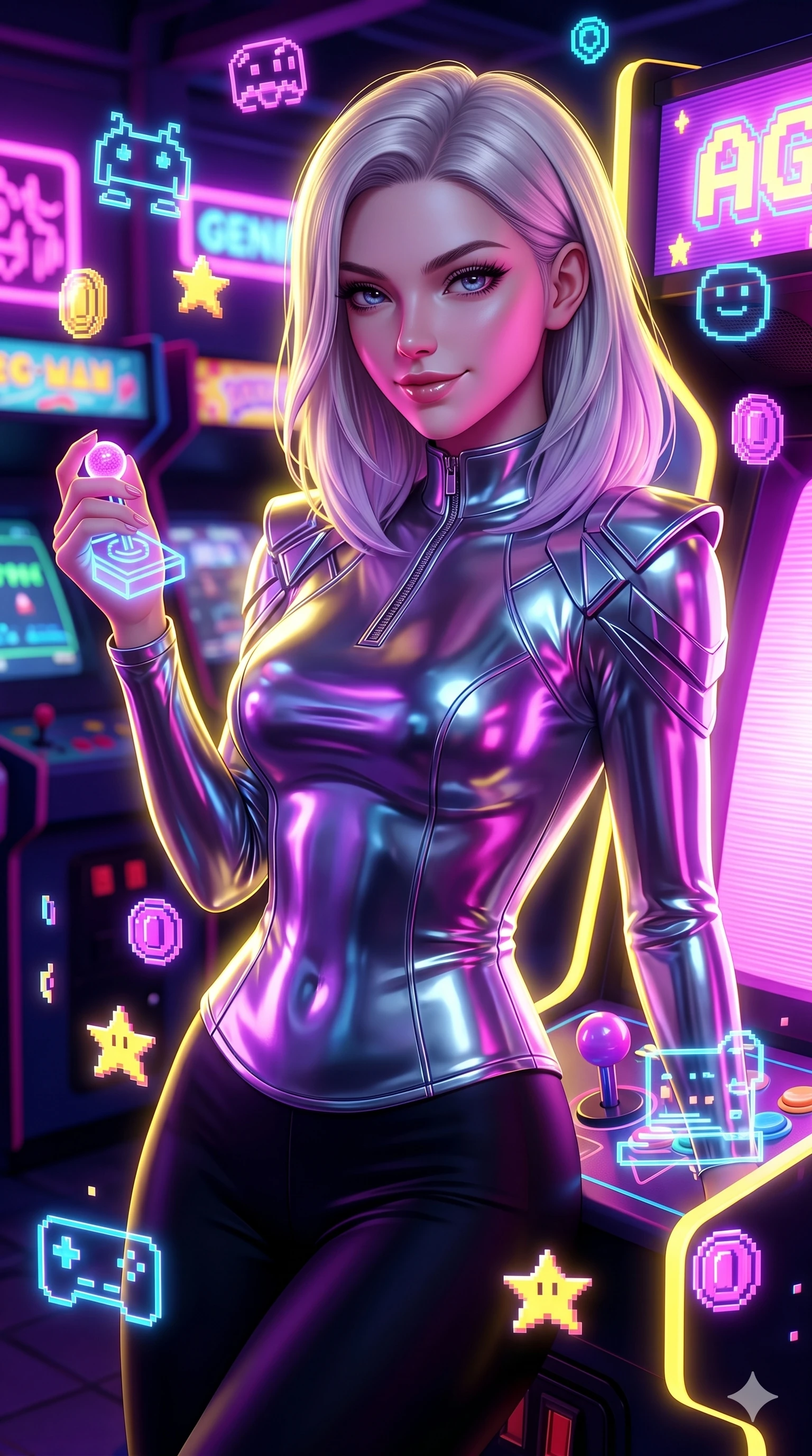 score_9, masterpiece, best quality, ultra-detailed, high-budget anime keyframe, semi-realistic 3D game render, Caucasian woman, strictly human ears. Upper body close-up from the thighs up, character filling the screen for maximum presence. She is leaning back against a glowing retro arcade cabinet, surrounded by floating pixelated neon icons. She holds a glowing joystick with a teasing, commanding smile. She has an absolutely perfect 8-heads proportion, a tall and elegant figure with a refined silhouette and a defined waistline. V-shaped jawline, high-bridge nose, intricate jewel-like eyes with depth, thick eyelashes, glossy lips with a natural sheen. She is wearing a sleek tailored top in liquid-chrome finish that complements her silhouette, styled with sophisticated architectural shoulder accents and a modern zip collar. The scene is illuminated by bright pink and violet neon screen glare and a sharp yellow ambient rim light. 2k, ultra detail, master piece, 9:16 ratio