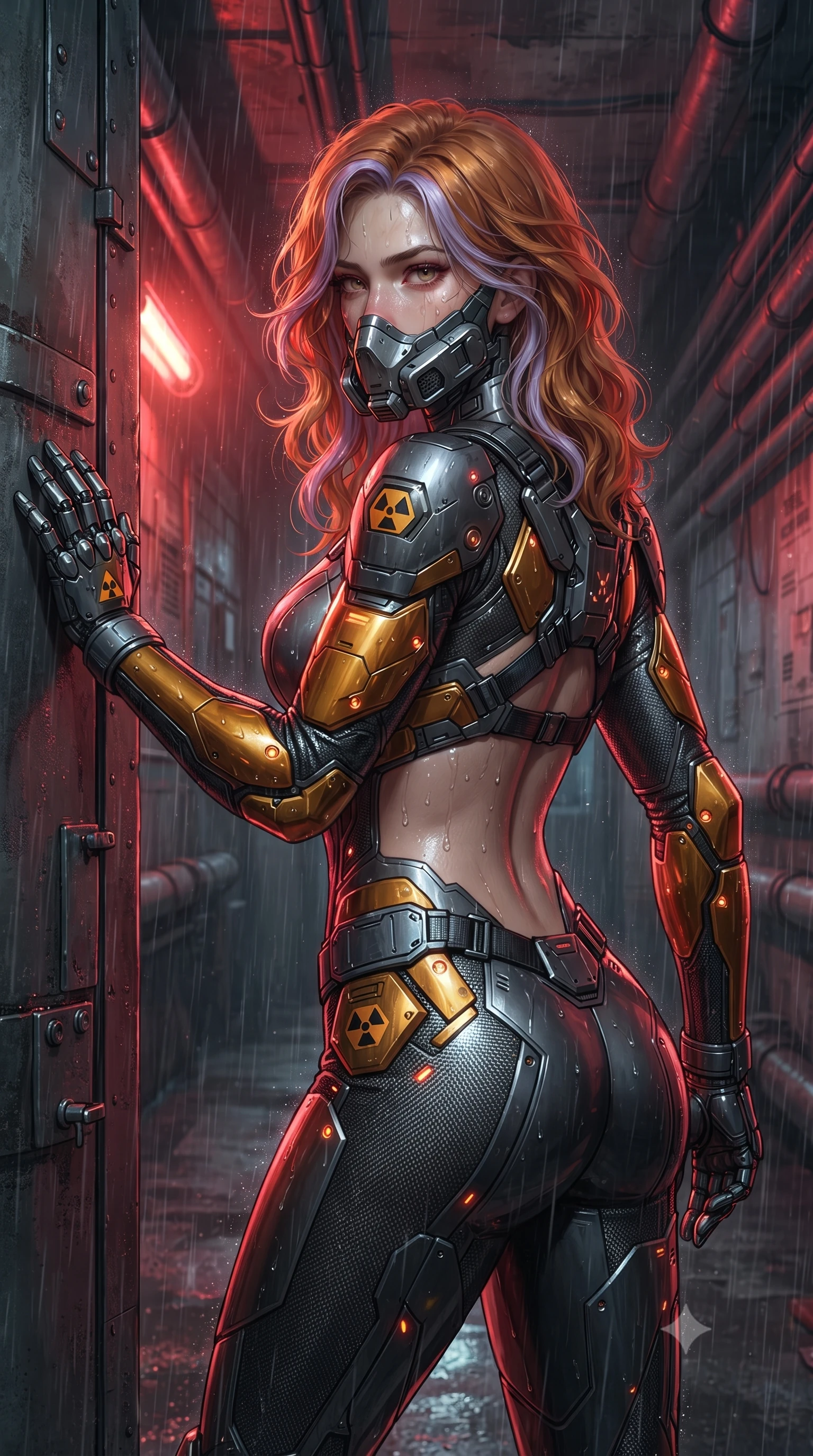 score_9, masterpiece, best quality, ultra-detailed, high-budget anime keyframe, editorial fashion photography, tasteful artistic composition, Caucasian woman. close-up cowboy shot from the waist and thighs up, the character dominates the composition, filling the frame with her large presence. tilting her head slightly with solemn warrior composure, sweat and rain glistening on her sculpted collarbones and high-bridge nose while breaching the blast doors of a fortified underground bunker as pulsating red radioactive hazard beacons wash over her sculpted cuirass. The surrounding environment is rendered in vivid detail and crisp panoramic clarity. sharp heavy modular cuirass plate bevels, glowing hazard symbol stencils, and dented steel bulkheads in deep focus. She has an exceptionally elegant, slender, and willowy female figure with an ultra-slim waist, a gracefully sculpted slender torso, toned flat midriff, and a refined slim silhouette. sharp v-shaped jawline, high-bridge nose, intricate jewel-like eyes with depth, thick eyelashes, glossy lips with a natural sheen, fierce and resolute heroine expression, flawlessly proportioned anatomical accuracy, strict slender model proportions, natural body alignment, perfectly sculpted long slender limbs, ultra-slim waistline, clean dynamic posture without body distortion. wearing a sleek titanium half-face combat rebreather guard protecting her lower jaw while leaving her expressive eyes and long hair flowing freely, paired with a tailored tactical combat jumpsuit with an open-back harness design, reinforced composite breastplate, and high-mobility elbow dampers in molten amber-gold carbon cuirass with dark gunmetal weave, made of lightweight aerodynamic carbon-titanium alloy with precision-beveled armor seams, complemented by criss-cross back harness straps highlighting her completely bare spine, the form-contouring material adhering flawlessly to her sculpted flat midriff and slender torso, emphasizing her long leg lines and perfectly proportioned willowy build. surrounded by an unstoppable, royal, and fiercely triumphant lone survivor empress aura. ultra-reflective glossy finish, specular highlights, dark metallic sheen, high-contrast stereoscopic depth, volumetric dynamic lighting, 2k, ultra detail, master piece, 9:16 ratio
