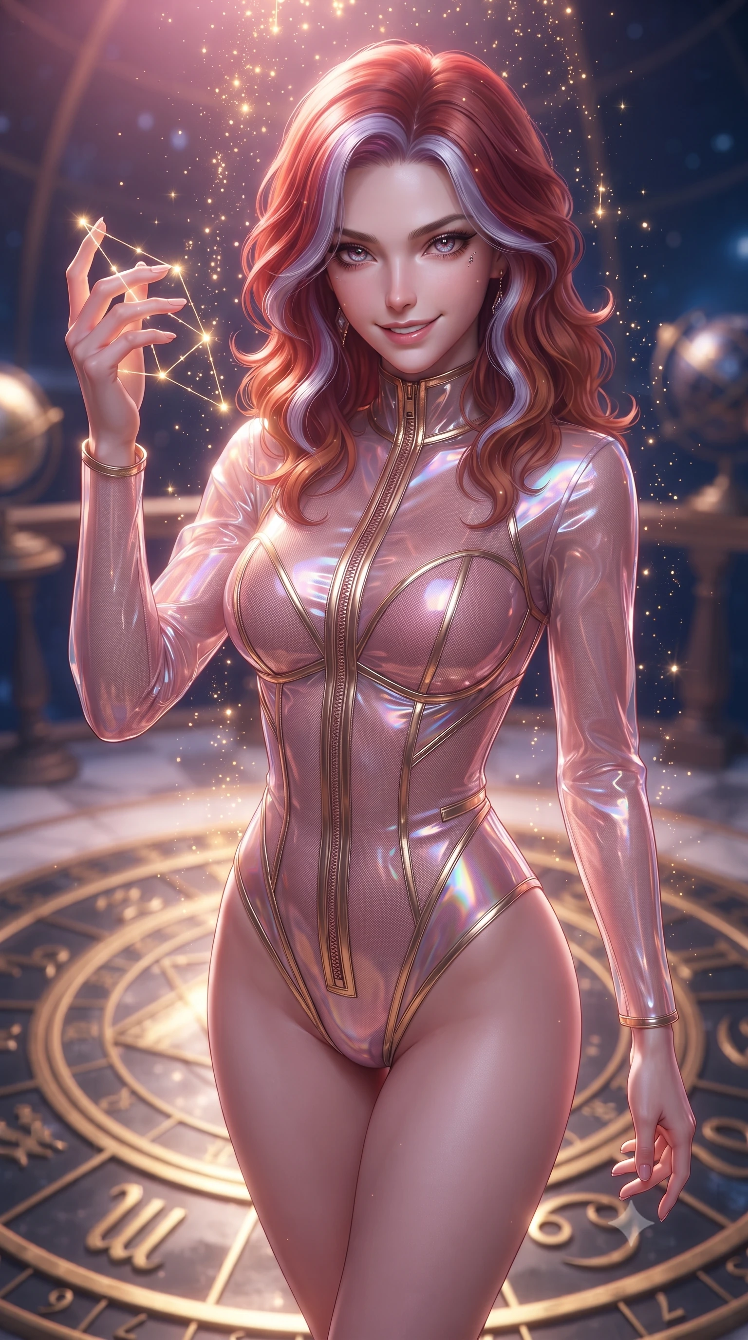 score_9, masterpiece, best quality, ultra-detailed, high-budget anime keyframe, editorial fashion photography, tasteful artistic composition, Caucasian woman. close-up cowboy shot from the waist and thighs up, the character dominates the composition, filling the frame with her large presence, background elements kept in soft focus. Smiling with quiet, magnetic self-assurance directly into the camera, standing on a zodiac dial while weaving constellation lines of pure gold starlight, golden starlight particles falling around her like a radiant shower. She has an exceptionally elegant, slender, and willowy female figure with an ultra-slim waist, a gracefully sculpted slender torso, and a refined silhouette. sharp v-shaped jawline, high-bridge nose, intricate jewel-like eyes with depth, thick eyelashes, glossy lips with a natural sheen. wearing translucent liquid acrylic splash bodysuit with semi-opaque mesh in rose-gold pink, made of iridescent hologram organza, finished with metallic gold boning and sleek zipper points, highlighting her statuesque proportions and ultra-slim waistline. bathed in radiant cosmic pink and deep navy blue ambient lighting. ultra-reflective glossy finish, specular highlights, metallic sheen, high-contrast stereoscopic depth, volumetric dynamic lighting, 2k, ultra detail, master piece, 9:16 ratio