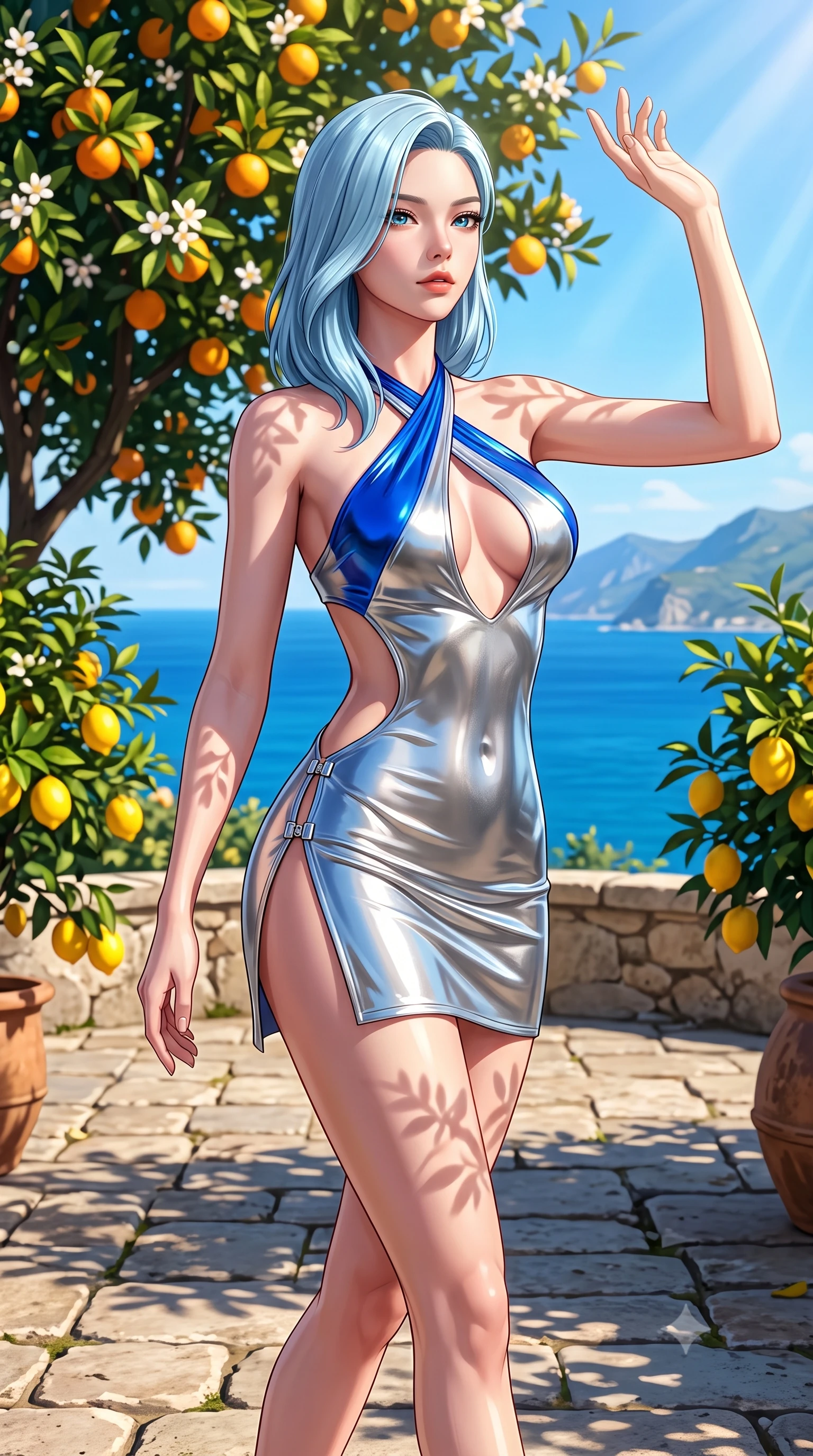 score_9, masterpiece, best quality, ultra-detailed, high-budget anime keyframe, semi-realistic 3D game render, editorial fashion photography, tasteful artistic composition, Korean woman. close-up cowboy shot from the waist and thighs up, the character dominates the composition, filling the frame with her large presence. extending one arm gracefully toward the light while her torso arches in a sleek, alluring curve with magnetic intensity while walking gracefully along a sunlit stone terrace flanked by blooming orange trees and ripe golden lemons. The surrounding environment is rendered in vivid detail and crisp panoramic clarity. vibrant contrast between rich green foliage, golden citrus, and Mediterranean sea in panoramic sharpness. She has an exceptionally elegant, slender, and willowy female figure with an ultra-slim waist, a gracefully sculpted slender torso, toned flat midriff, and a refined slim silhouette. sharp v-shaped jawline, high-bridge nose, intricate jewel-like eyes with depth, thick eyelashes, glossy lips with a natural sheen, flawlessly proportioned anatomical accuracy, strict slender model proportions, natural body alignment, perfectly sculpted long slender limbs, ultra-slim waistline, clean dynamic posture without body distortion. wearing a molten silver liquid-metal mini dress featuring deep side-waist cutouts and a daring crossover halter neckline in liquid electric cobalt blue and polished silver, tailored from semi-translucent cybernetic vinyl with glowing micro-filaments, finished with an ultra-high side slit secured by miniature magnetic clasps, the glove-like aerodynamic second-skin fit tightly clinging to her ultra-slender waist and athletic curves without adding bulk, accentuating her razor-sharp statuesque lines and slim hourglass silhouette. illuminated by bright sky fill light and gentle organic leaf stencil shadows on her skin. highly saturated vibrant anime colors, detailed shading with soft gradients, rich glossy textures, high-contrast stereoscopic depth, volumetric dynamic lighting, master piece, 9:16 ratio