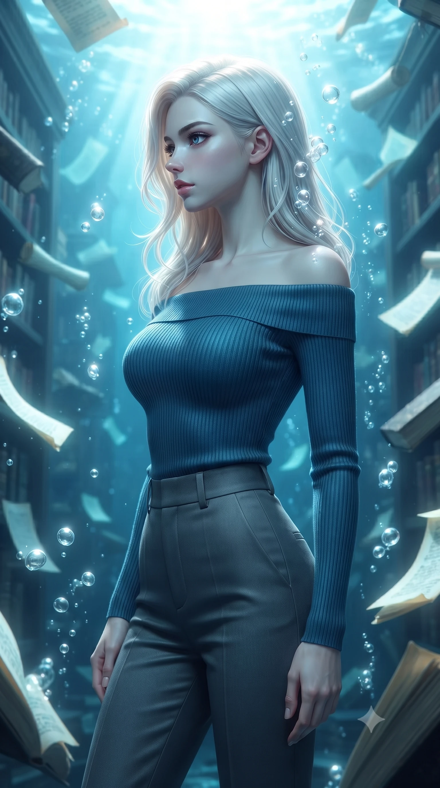score_9, masterpiece, best quality, ultra-detailed, high-budget anime keyframe, editorial fashion photography, tasteful artistic composition, Caucasian woman. close-up cowboy shot from the waist and thighs up, the character dominates the composition, filling the frame with her large presence, background elements kept in soft focus. Turning her face in sharp dramatic profile against the bright light, showcasing her sharp v-shaped jawline navigating a submerged ancient library surrounded by floating glowing scrolls, rising bioluminescent bubbles casting soft pearl-like highlights. She has an exceptionally elegant, slender, and willowy female figure with an ultra-slim waist, a gracefully sculpted slender torso, and a refined silhouette. sharp v-shaped jawline, high-bridge nose, intricate jewel-like eyes with depth, thick eyelashes, glossy lips with a natural sheen. wearing a sleek off-shoulder ribbed cashmere knit top paired with high-waist tailored pants, the form-contouring material highlighting her ultra-slim waist and long lines. surrounded by a shimmering ocean aura with bright pearl-white rim lights. ultra-reflective glossy finish, specular highlights, metallic sheen, high-contrast stereoscopic depth, volumetric dynamic lighting, 2k, ultra detail, master piece, 9:16 ratio