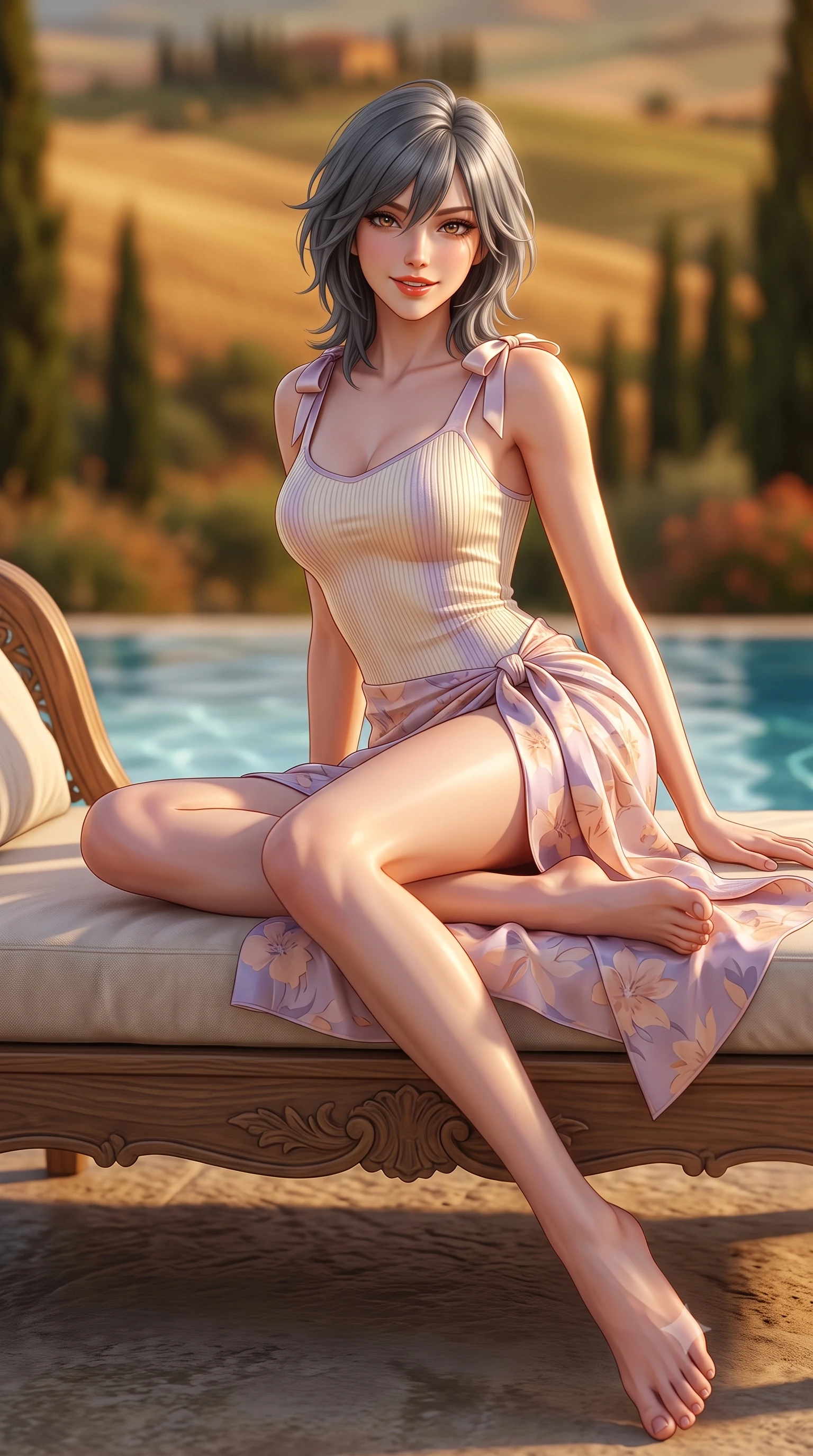 score_9, masterpiece, best quality, ultra-detailed, high-budget anime keyframe, semi-realistic 3D game render, editorial fashion photography, tasteful artistic composition, Caucasian woman. low angle full-body shot from head to toe showing her feet, filling the entire 9:16 vertical frame with her statuesque presence, stretching her vertical silhouette. reclining languidly on her side across the outdoor daybed with one knee drawn up, her radiant smile and arched hip curve commanding the 9:16 vertical frame with youthful sensual charisma while twisting her slender torso in an alluring S-curve, warm evening breezes fluttering her silk resort pareo around her hips and legs. The composition keeps background elements in soft focus with dreamy creamy bokeh. endless rolling Val d'Orcia golden wheat hills and dark green cypress avenues blurred into warm amber, olive, and terracotta bokeh. She has an exceptionally tall and slender model-like 8.5-heads proportion, an ultra-slim waist, a flat toned midriff, narrow delicate ribcage, and beautifully sculpted feminine hips creating a graceful, slim hourglass silhouette without any bulky heaviness, with impossibly long slender legs. sharp v-shaped jawline, high-bridge nose, sparkling amber-hazel eyes with depth, long lush eyelashes, glossy sun-kissed lips with a warm coral glaze, radiant teasing smile with sensual sunlit bedroom-eyes, exuding effortless old-money elegance and intoxicating sun-drenched allure, flawlessly proportioned anatomical accuracy, strict slender model proportions, natural body alignment, perfectly sculpted long slender limbs, ultra-slim waistline, clean dynamic posture without body distortion. wearing a second-skin stretch ribbed camisole dress in warm vanilla cream clinging to her athletic hips and flat midriff in soft lavender violet and champagne shimmer, formed from supple second-skin stretch ribbed knit clinging to her form, finished with cute satin bow ribbons tying at the shoulders, the form-fitting cut adhering flawlessly to her sculpted flat midriff and slender torso, emphasizing her long leg lines and perfectly proportioned willowy build. illuminated by pool caustic reflections and sharp golden-amber rim lighting carving her slim torso, narrow waist, and curvy hips. highly saturated vibrant anime colors, detailed shading with soft gradients, rich glossy textures, high-contrast stereoscopic depth, volumetric dynamic lighting, master piece, 9:16 ratio