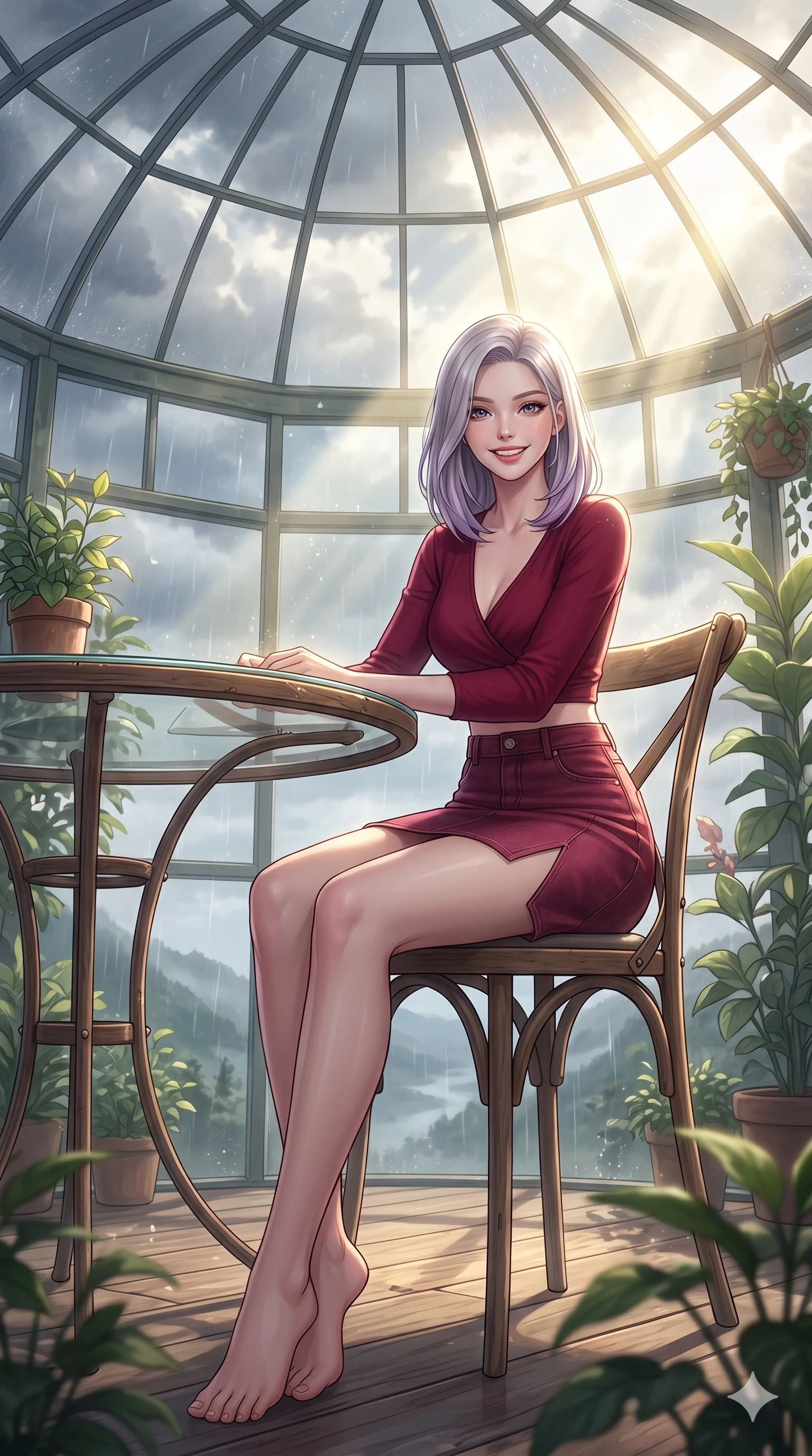 score_9, masterpiece, best quality, ultra-detailed, high-budget anime keyframe, vibrant anime aesthetic, Caucasian woman, strictly human ears. low angle full-body shot from head to toe showing her feet, filling the entire 9:16 vertical frame with her statuesque presence, stretching her vertical silhouette. She is sitting by a glass greenhouse table, smiling warmly at the camera, her eyes shining with genuine joy under the glass conservatory dome. standing on a floating observation deck of a nature center conservatory, overlooking a misty rainy valley (Code-P22-050). She has an absolutely perfect 8-heads proportion, an exceptionally tall and slender female figure with impossibly long slender legs and an ultra-slim waist. V-shaped jawline, high-bridge nose, intricate jewel-like eyes with depth, thick eyelashes, glossy lips with a natural sheen. wearing a cropped wrap top and a matching denim skirt with a refined side vent in deep crimson. She is bathed in brilliant midday sunbeams breaking through storm clouds, creating a glowing aura, creating a cinematic, high-budget anime lighting effect in the cozy indoor garden. 2k, ultra detail, master piece, 9:16 ratio