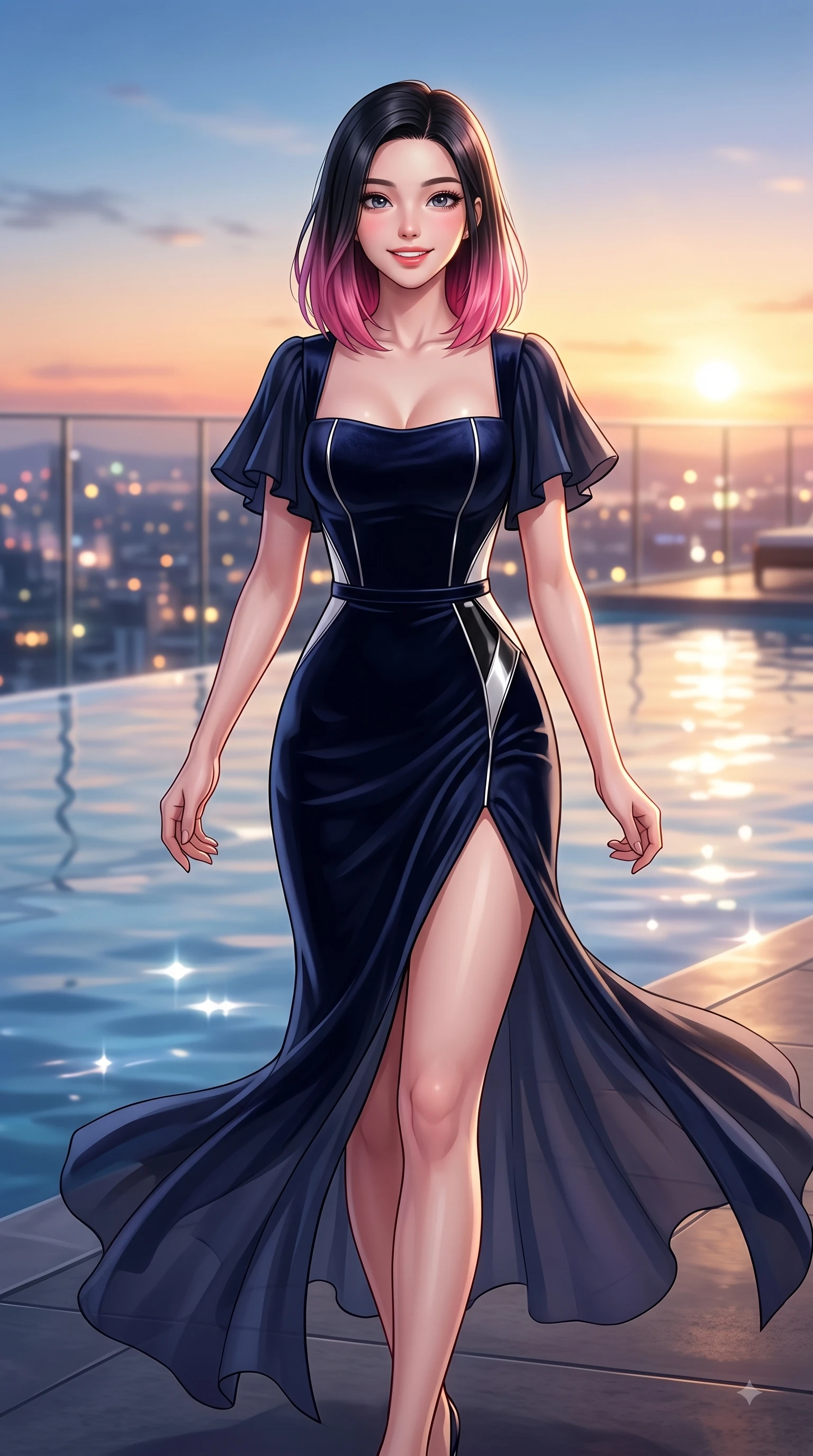 score_9, masterpiece, best quality, ultra-detailed, high-budget anime keyframe, editorial fashion photography, tasteful artistic composition, Korean woman. close-up cowboy shot from the waist and thighs up, the character dominates the composition, filling the frame with her large presence. Radiant anticipation in her face, glowing with hopeful curiosity and warm expectant energy while stepping gracefully onto an open-air rooftop lounge as golden sunset city lights twinkle. The composition keeps background elements in soft focus with dreamy bokeh. infinity pool water reflections and glass railings softened in smooth shallow focus. She has an exceptionally elegant, slender, and willowy female figure with an ultra-slim waist, a gracefully sculpted slender torso, and a refined silhouette. sharp v-shaped jawline, high-bridge nose, intricate jewel-like eyes with depth, thick eyelashes, glossy lips with a natural sheen, flawlessly proportioned anatomical accuracy, natural body alignment, perfectly sculpted elegant limbs, clean dynamic posture without body distortion. wearing a sleek dark navy velvet bustier gown with a deep slit and metallic accents in monochrome white and glossy black contrast, woven from fine lightweight chiffon fluttering gracefully, featuring elegant flutter sleeves and a graceful square neckline, the form-contouring material accentuating her ultra-slim waist and long lines. illuminated by crisp specular highlights from infinity pool reflections and city lights. highly saturated vibrant anime colors, detailed shading with soft gradients, rich glossy textures, high-contrast stereoscopic depth, volumetric dynamic lighting, master piece, 9:16 ratio