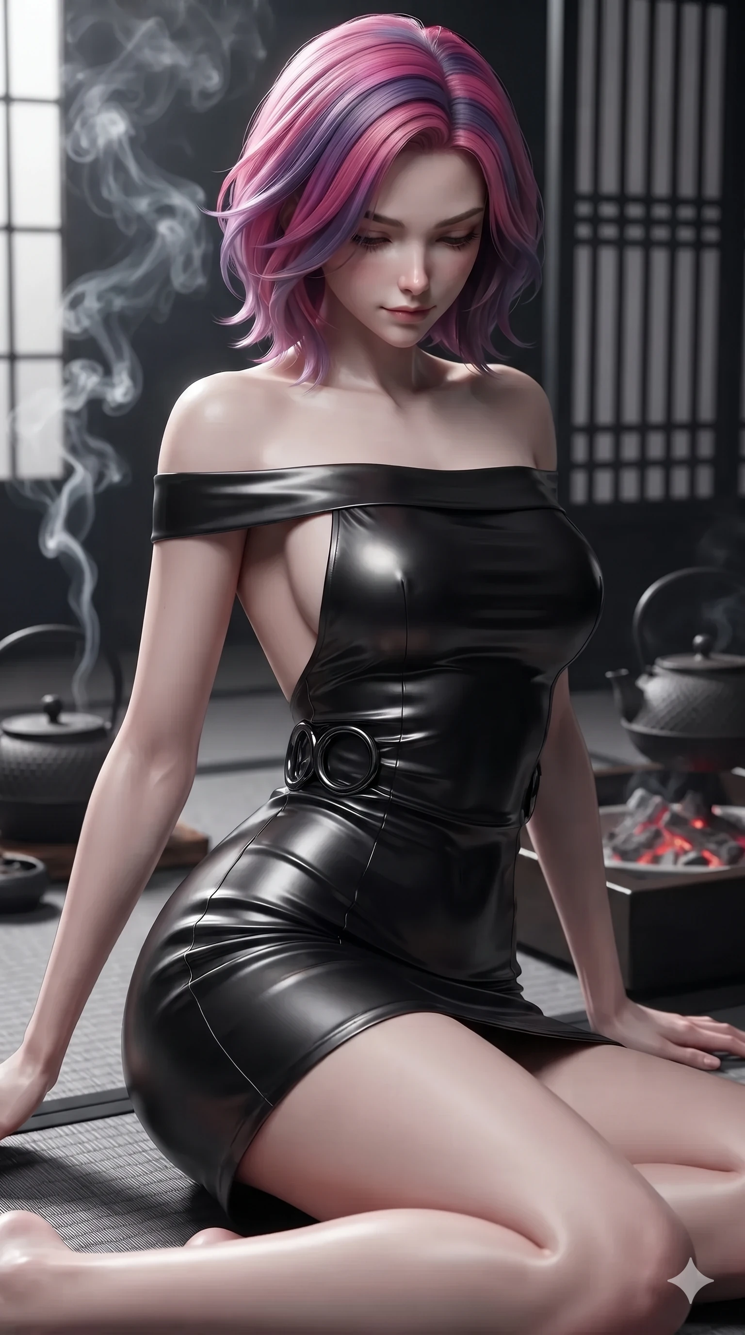 score_9, masterpiece, best quality, ultra-detailed, high-budget anime keyframe, editorial fashion photography, tasteful artistic composition, Caucasian woman. close-up cowboy shot from the waist and thighs up, the character dominates the composition, filling the frame with her large presence. looking down with lowered lashes and a composed, powerful dark aura, her tailored outfit tracing her curves while sliding smoothly across the charcoal tatami with feline poise, her long slender legs and curvy hourglass hips commanding the frame. The background shows a soft-focus drifting white incense smoke tendrils, cast-iron tea kettles, and black cedar lattice screens blurred into charcoal, silver, and ink-black bokeh. She has an exceptionally elegant, slender, and willowy female figure with an ultra-slim waist, flat toned midriff, narrow ribcage, and sculpted feminine hips creating an alluring, slim hourglass silhouette without bulk. sharp v-shaped jawline, high-bridge nose, intricate jewel-like dark sparkling eyes with hypnotic seductive depth, thick curled eyelashes, glossy parted lips with a natural wine sheen, alluring bedroom-eyes with an enigmatic smoldering smile, exuding magnetic sovereign charisma and dark avant-garde glamour, flawlessly proportioned anatomical accuracy, strict slender model proportions, natural body alignment, perfectly sculpted long slender limbs, ultra-slim waistline, clean dynamic posture without body distortion. wearing a backless liquid vinyl mini slip dress with bare shoulder neckline in pure obsidian monochrome with subtle metallic sheen, tailored from soft dark satin with subtle light-absorbing depth, accented with sculpted obsidian chrome rings at the waist, accentuating her gracefully sculpted slender torso and statuesque proportions. bathed in soft diffuse light filtering through black paper shoji screens and glowing charcoal brazier embers. ultra-reflective glossy finish, specular highlights, metallic sheen, high-contrast stereoscopic depth, volumetric dynamic lighting, 2k, ultra detail, master piece, 9:16 ratio