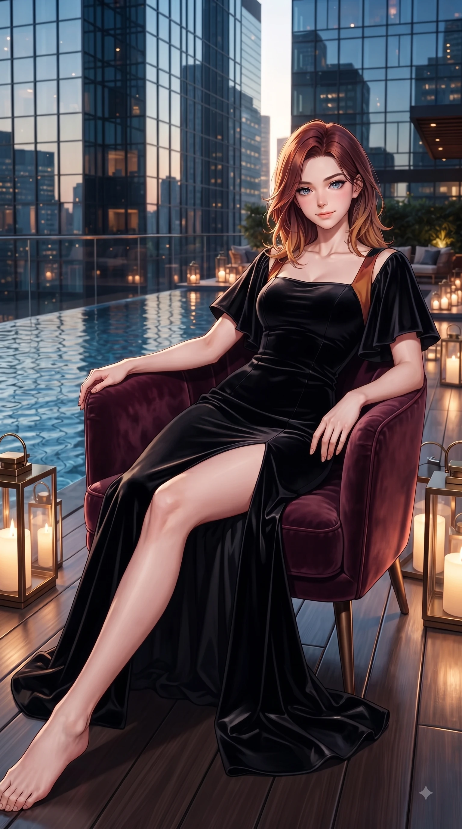 score_9, masterpiece, best quality, ultra-detailed, high-budget anime keyframe, editorial fashion photography, tasteful artistic composition, Korean woman. low angle full-body shot from head to toe showing her feet, filling the entire 9:16 vertical frame with her statuesque presence, stretching her vertical silhouette. Pure innocent expression with clear crystalline eyes, a gentle tender smile, and an airy serene aura while lounging in a velvet designer chair under warm ambient outdoor lanterns. The surrounding environment is rendered in vivid detail and crisp panoramic clarity. glistening skyscraper glass facades, infinity pool water ripples, and crisp rooftop deck furniture in deep focus. She has an absolutely perfect, statuesque 8.5-heads proportion, an exceptionally tall and slender model-like female figure with impossibly long slender legs and an ultra-slim waist. sharp v-shaped jawline, high-bridge nose, intricate jewel-like eyes with depth, thick eyelashes, glossy lips with a natural sheen, flawlessly proportioned anatomical accuracy, natural body alignment, perfectly sculpted elegant limbs, clean dynamic posture without body distortion. wearing a dramatic black velvet evening gown with a high leg slit and subtle shoulder cutouts in burnt orange and warm camel beige, crafted from smooth liquid silk satin, featuring elegant flutter sleeves and a graceful square neckline, the tailored fit highlighting her statuesque and model-like silhouette. surrounded by an opulent, glamorous, and high-fashion nightlife editorial aura. ultra-reflective glossy finish, specular highlights, metallic sheen, high-contrast stereoscopic depth, volumetric dynamic lighting, 2k, ultra detail, master piece, 9:16 ratio