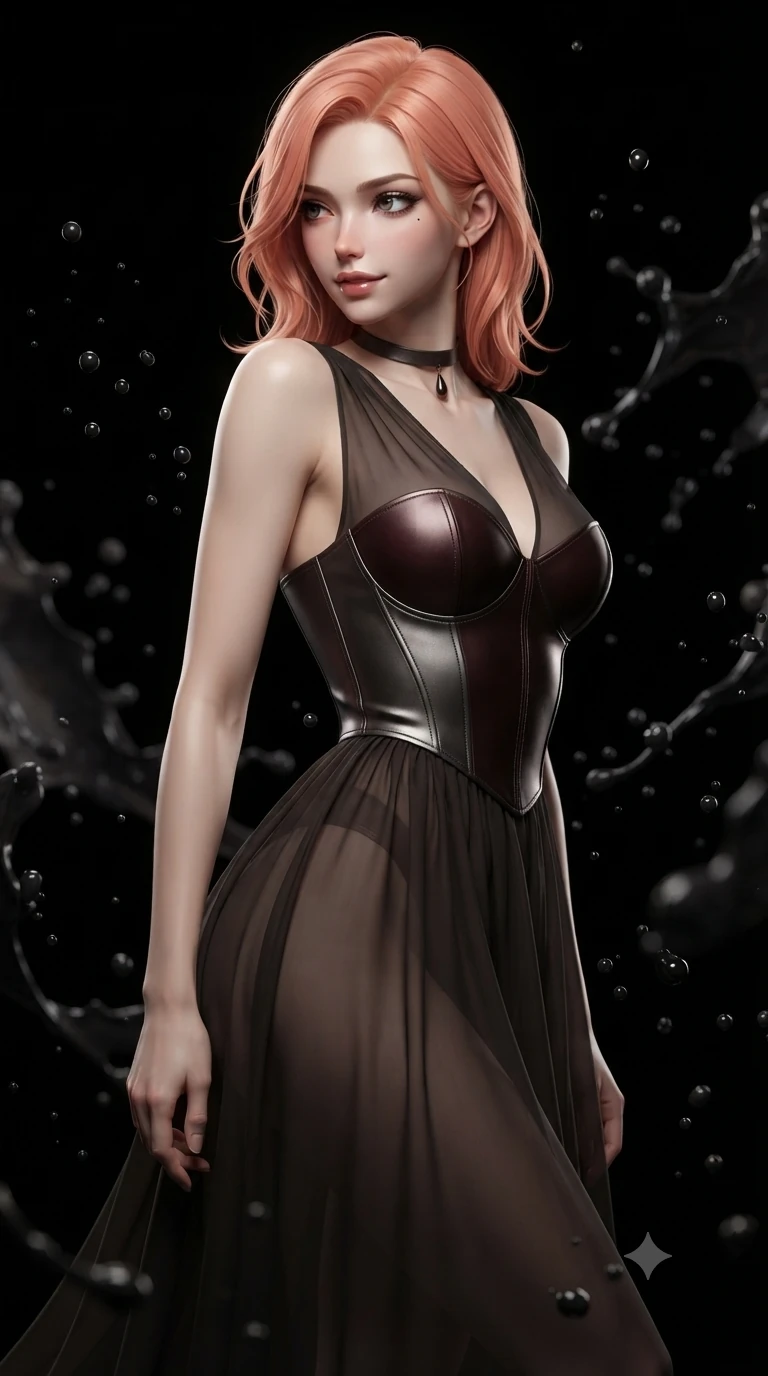 score_9, masterpiece, best quality, ultra-detailed, high-budget anime keyframe, editorial fashion photography, tasteful artistic composition, Japanese woman. close-up cowboy shot from the waist and thighs up, the character dominates the composition, filling the frame with her large presence. twisting her slender torso in a deep contrapposto stance, hips dramatically shifted to accentuate her feminine curves while glancing sidelong over her shoulder with a smoldering, enigmatic half-smile inside the pitch-black studio, dark liquid paint droplets suspended in mid-air. The background shows a soft-focus suspended splashes of dark acrylic paint, cold studio shadows, and distant gallery floodlights blurred into charcoal, pitch-black, and obsidian bokeh. She has an exceptionally elegant, slender, and willowy female figure with an ultra-slim waist, flat toned midriff, narrow ribcage, and sculpted feminine hips creating an alluring, slim hourglass silhouette without bulk. sharp v-shaped jawline, high-bridge nose, intricate jewel-like dark sparkling eyes with hypnotic seductive depth, thick curled eyelashes, glossy parted lips with a natural wine sheen, alluring bedroom-eyes with an enigmatic smoldering smile, exuding magnetic sovereign charisma and dark avant-garde glamour, flawlessly proportioned anatomical accuracy, strict slender model proportions, natural body alignment, perfectly sculpted long slender limbs, ultra-slim waistline, clean dynamic posture without body distortion. wearing a semi-opaque sheer dark chiffon gown revealing a structured bodice silhouette in dark mahogany and brushed gunmetal, made of supple butter-soft lambskin leather with a subtle satin sheen, finished with a minimalist dark choker and a single teardrop pendant, the bespoke structured tailoring following the natural line of her 8.5-heads silhouette with refined elegance. illuminated by reflective glass floor bounce and sharp silver-mercury rim lights sculpting her razor-sharp jawline, narrow waist, and curvy hips. ultra-reflective glossy finish, specular highlights, metallic sheen, high-contrast stereoscopic depth, volumetric dynamic lighting, 2k, ultra detail, master piece, 9:16 ratio