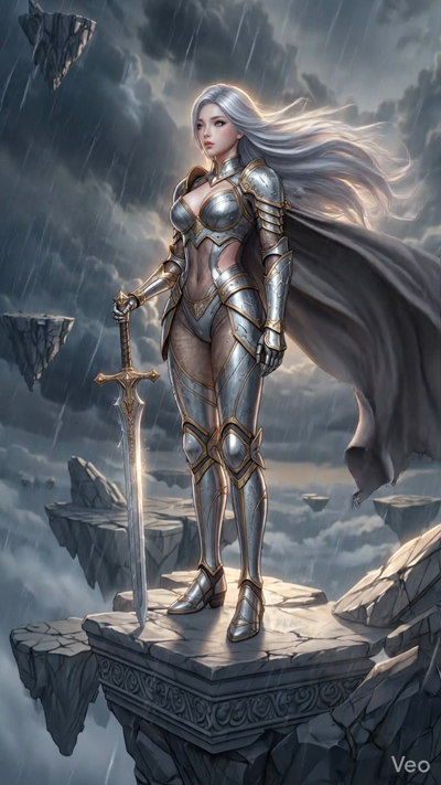 A cinematic 8-second video of a silver-haired kniht in ornate silver armor. The scene beins with her holdin a lowin sword on a floatin island. Lihtnin flashes in the dark, stormy sky, illuminatin the intricate details of her armor. Her hair and cape 