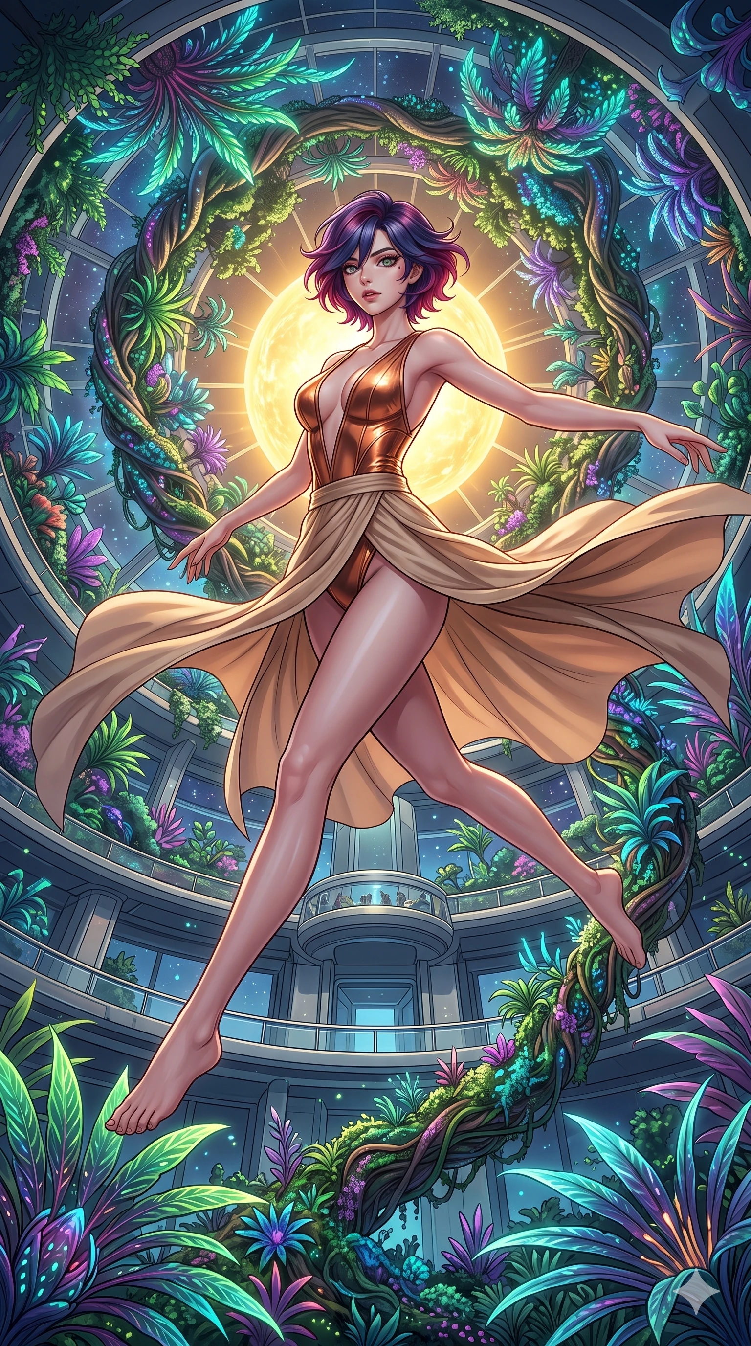 score_9, masterpiece, best quality, ultra-detailed, high-budget anime keyframe, editorial fashion photography, tasteful artistic composition, Korean woman. low angle full-body shot from head to toe showing her feet, filling the entire 9:16 vertical frame with her statuesque presence, stretching her vertical silhouette. leaping gracefully through a massive atrium inside a space station where exotic alien plants grow in spiraling zero-gravity formations their bioluminescent fronds reaching toward an artificial sun at the atrium's center. She has a statuesque 8.5-heads proportion, an exceptionally tall, slender and willowy model-like build with impossibly long legs and a highly sculpted ultra-slim waist. sharp v-shaped jawline, high-bridge nose, intricate jewel-like eyes with depth, thick eyelashes, glossy lips with a natural sheen. wearing a metallic copper bodysuit with a deep V-cut front, paired with a flowing beige asymmetrical wrap skirt. warm artificial sunlight from the central light source with additional multicolored bioluminescent plant glow in greens blues and purples creating a lush cosmic garden ambiance. 2k, ultra detail, master piece, 9:16 ratio
