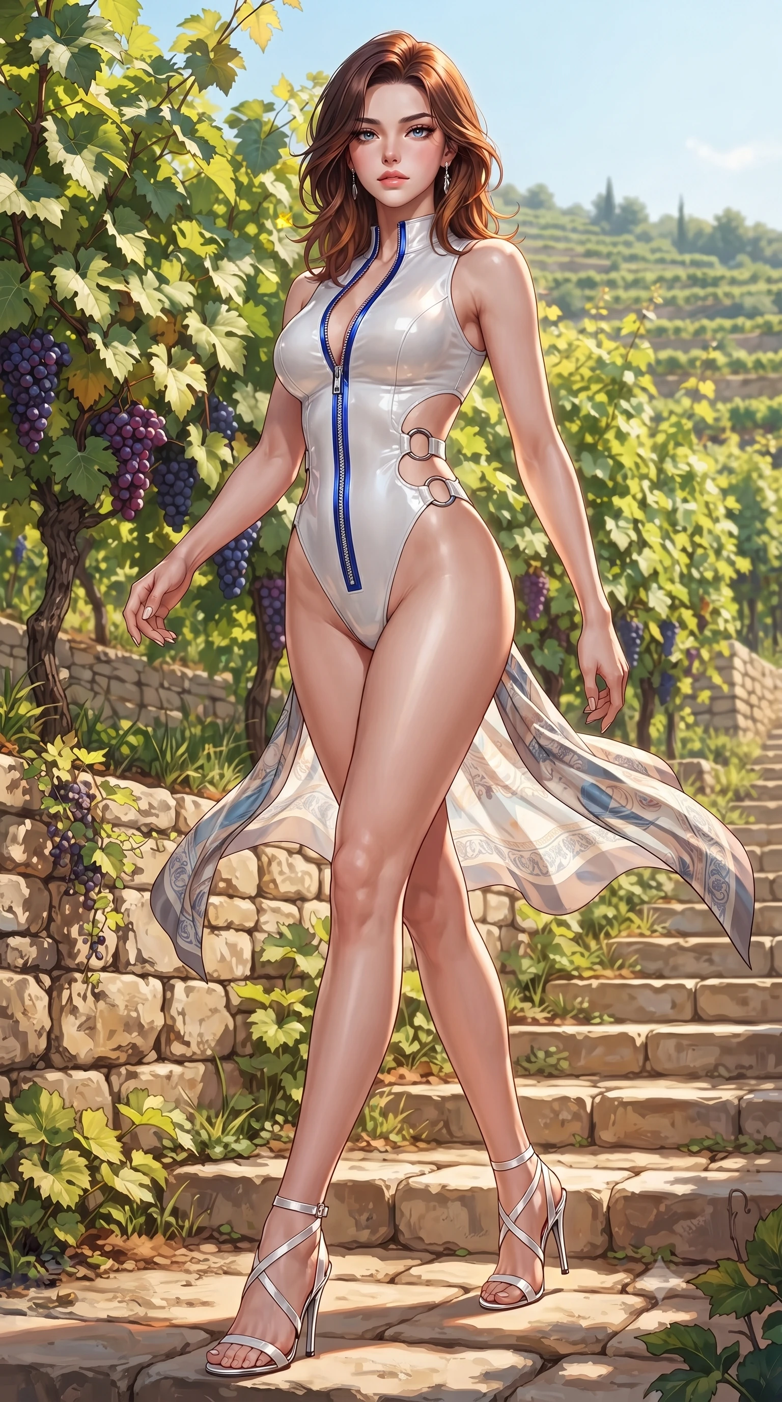 score_9, masterpiece, best quality, ultra-detailed, high-budget anime keyframe, editorial fashion photography, tasteful artistic composition, Korean woman. low angle full-body shot from head to toe showing her feet, filling the entire 9:16 vertical frame with her statuesque presence, stretching her vertical silhouette. striding forward in a proud, statuesque motion with a dangerous smolder, her vertical silhouette dominating the frame from head to toe while stepping along a terraced vineyard path as warm Mediterranean breezes flutter her lightweight silk wrap. The surrounding environment is rendered in vivid detail and crisp panoramic clarity. detailed grapevine leaves, ripe purple grape clusters, and limestone terrace textures in deep focus. She has an absolutely perfect, statuesque 8.5-heads proportion, an exceptionally tall and slender model-like female figure with impossibly long slender legs, a toned flat midriff, and an ultra-slim waist. sharp v-shaped jawline, high-bridge nose, intricate jewel-like eyes with depth, thick eyelashes, glossy lips with a natural sheen, flawlessly proportioned anatomical accuracy, strict slender model proportions, natural body alignment, perfectly sculpted long slender limbs, ultra-slim waistline, clean dynamic posture without body distortion. wearing a glossy white second-skin latex bodysuit with high-thigh cuts, exposed clavicle neckline, and gleaming zipper details in liquid electric cobalt blue and polished silver, formed from high-gloss patent material with specular light reflections, detailed with polished silver rings connecting the daring side-waist cutouts, the form-contouring material adhering flawlessly to her sculpted flat midriff and slender torso, emphasizing her long leg lines and perfectly proportioned willowy build. surrounded by an exclusive, sun-drenched, and effortlessly seductive European luxury lifestyle aura. ultra-reflective glossy finish, specular highlights, metallic sheen, high-contrast stereoscopic depth, volumetric dynamic lighting, 2k, ultra detail, master piece, 9:16 ratio