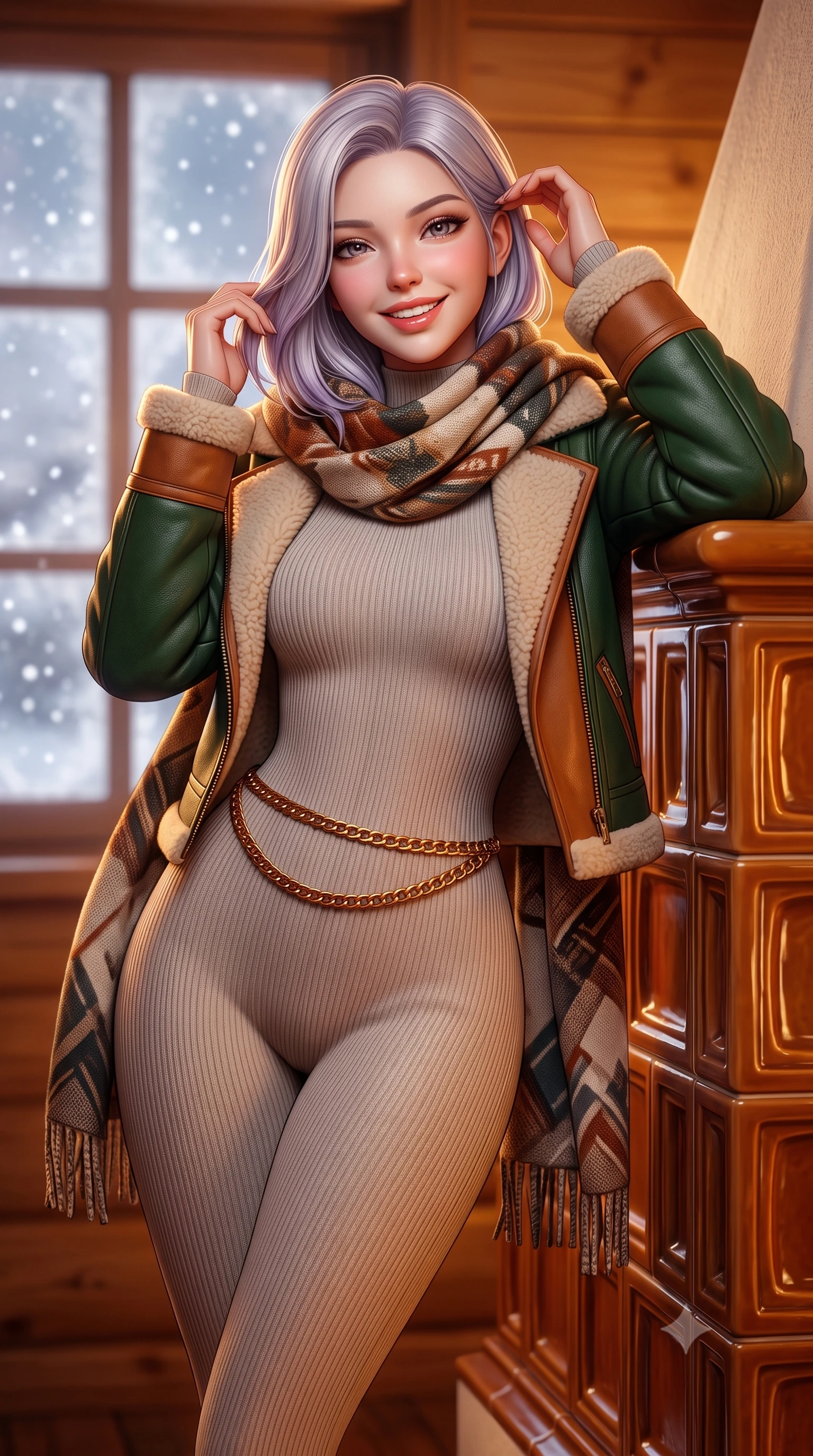 score_9, masterpiece, best quality, ultra-detailed, high-budget anime keyframe, semi-realistic 3D game render, editorial fashion photography, tasteful artistic composition, Caucasian woman. close-up cowboy shot from the waist and thighs up, the character dominates the composition, filling the frame with her large presence. twisting her slender torso in an alluring contrapposto stance, one hand toying with her hair while her gaze radiates magnetic charm while leaning against the warm ceramic tiles of the traditional Kachelofen stove, wrapped in a luxurious blanket scarf with cozy contented grace. The background shows a soft-focus softly falling snowflakes outside frosted panes softened in intimate alpine winter hideaway shallow focus. She has an exceptionally elegant, slender, and willowy female figure with an ultra-slim waist, flat toned midriff, narrow ribcage, and sculpted feminine hips creating an alluring, slim hourglass silhouette without bulk. sharp v-shaped jawline, high-bridge nose, intricate jewel-like sparkling eyes with depth, thick eyelashes, glossy parted lips with a natural peach sheen, bright cheerful beaming smile with an enchanting and coquettish sensual glint, exuding both youthful cute charm and seductive allure, flawlessly proportioned anatomical accuracy, strict slender model proportions, natural body alignment, perfectly sculpted long slender limbs, ultra-slim waistline, clean dynamic posture without body distortion. wearing an ultra-snug ribbed merino wool catsuit jumpsuit tracing her long slender limbs and narrow waist under an open shearling jacket in heritage British racing green and warm cognac brown, woven from fine elastic rib-knit fabric tracing every millimeter of her slender torso, finished with a sleek gold chain belt resting snugly across her narrow waist and curving hips, the form-contouring silhouette accentuating her sculpted flat midriff, narrow delicate ribcage, and gracefully curvy hips with intoxicating allure. illuminated by honey pine wall reflection bounce and warm buttery rim lights sculpting her features and slender hourglass curves. highly saturated vibrant anime colors, detailed shading with soft gradients, rich glossy textures, high-contrast stereoscopic depth, volumetric dynamic lighting, master piece, 9:16 ratio