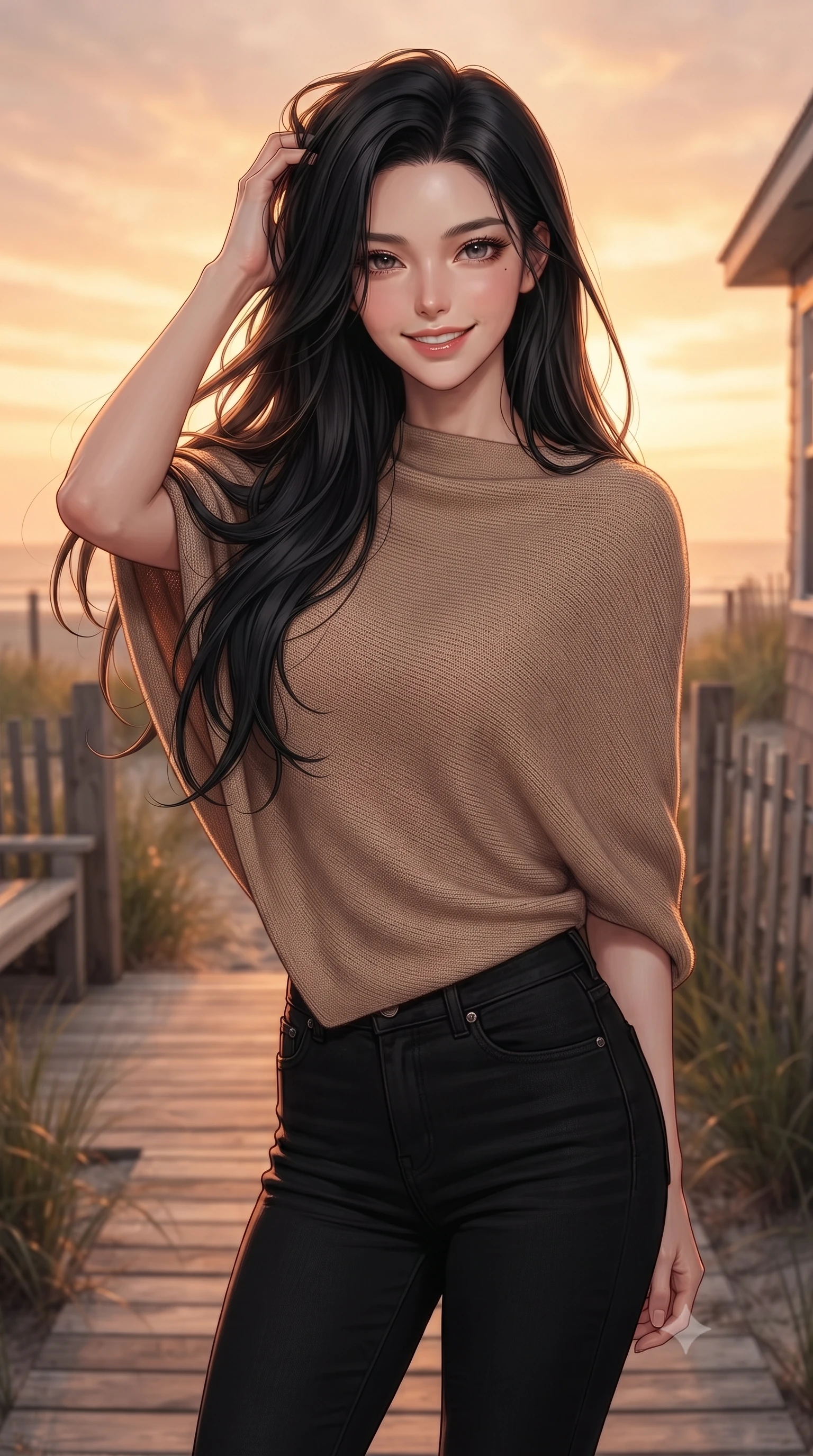 score_9, masterpiece, best quality, ultra-detailed, high-budget anime keyframe, editorial fashion photography, tasteful artistic composition, Korean woman woman. close-up cowboy shot from the waist and thighs up, the character dominates the composition, filling the frame with her large presence, background elements kept in soft focus. smiling with quiet, magnetic self-assurance directly into the camera, running a hand through her hair the background shows a soft-focus a cozy wooden deck of a beachside cottage, surrounded by beachgrass and wooden fences. She has an exceptionally elegant, slender, and willowy female figure with an ultra-slim waist, a gracefully sculpted slender torso, and a refined silhouette. sharp v-shaped jawline, high-bridge nose, intricate jewel-like eyes with depth, thick eyelashes, glossy lips with a natural sheen. wearing a body-hugging stylish light brown knit poncho over black skinny jeans. warm sunset light casting a peaceful, cozy orange wash on her figure. ultra-reflective glossy finish, specular highlights, metallic sheen, high-contrast stereoscopic depth, volumetric dynamic lighting, 2k, ultra detail, master piece, 9:16 ratio