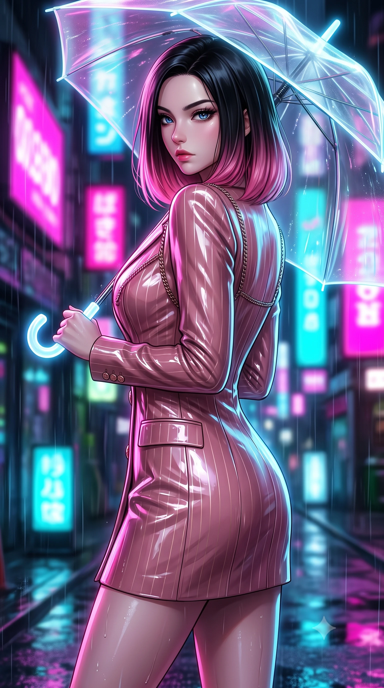 score_9, masterpiece, best quality, ultra-detailed, high-budget anime keyframe, editorial fashion photography, tasteful artistic composition, Korean woman. close-up cowboy shot from the waist and thighs up, the character dominates the composition, filling the frame with her large presence, background elements kept in soft focus. Pivoting sharply while looking back over her shoulder with heavy lashes and a confident, intense gaze while holding a glowing translucent umbrella under vibrant magenta and cyan billboards, wet glass surfaces casting glossy specular highlights from surrounding billboards. She has an exceptionally elegant, slender, and willowy female figure with an ultra-slim waist, a gracefully sculpted slender torso, and a refined silhouette. sharp v-shaped jawline, high-bridge nose, intricate jewel-like eyes with depth, thick eyelashes, glossy lips with a natural sheen, flawlessly proportioned anatomical accuracy, natural body alignment, perfectly sculpted elegant limbs, clean dynamic posture without body distortion. wearing a double-breasted blazer dress with subtle metallic pin-stripes in dusty rose and champagne gold, tailored from high-gloss patent leather, adorned with delicate metallic chain straps along the neckline, the glove-like fit emphasizing her statuesque silhouette during motion. drenched in wet neon reflections with brilliant specular highlights on her silhouette. highly saturated vibrant anime colors, detailed shading with soft gradients, rich glossy textures, high-contrast stereoscopic depth, volumetric dynamic lighting, master piece, 9:16 ratio