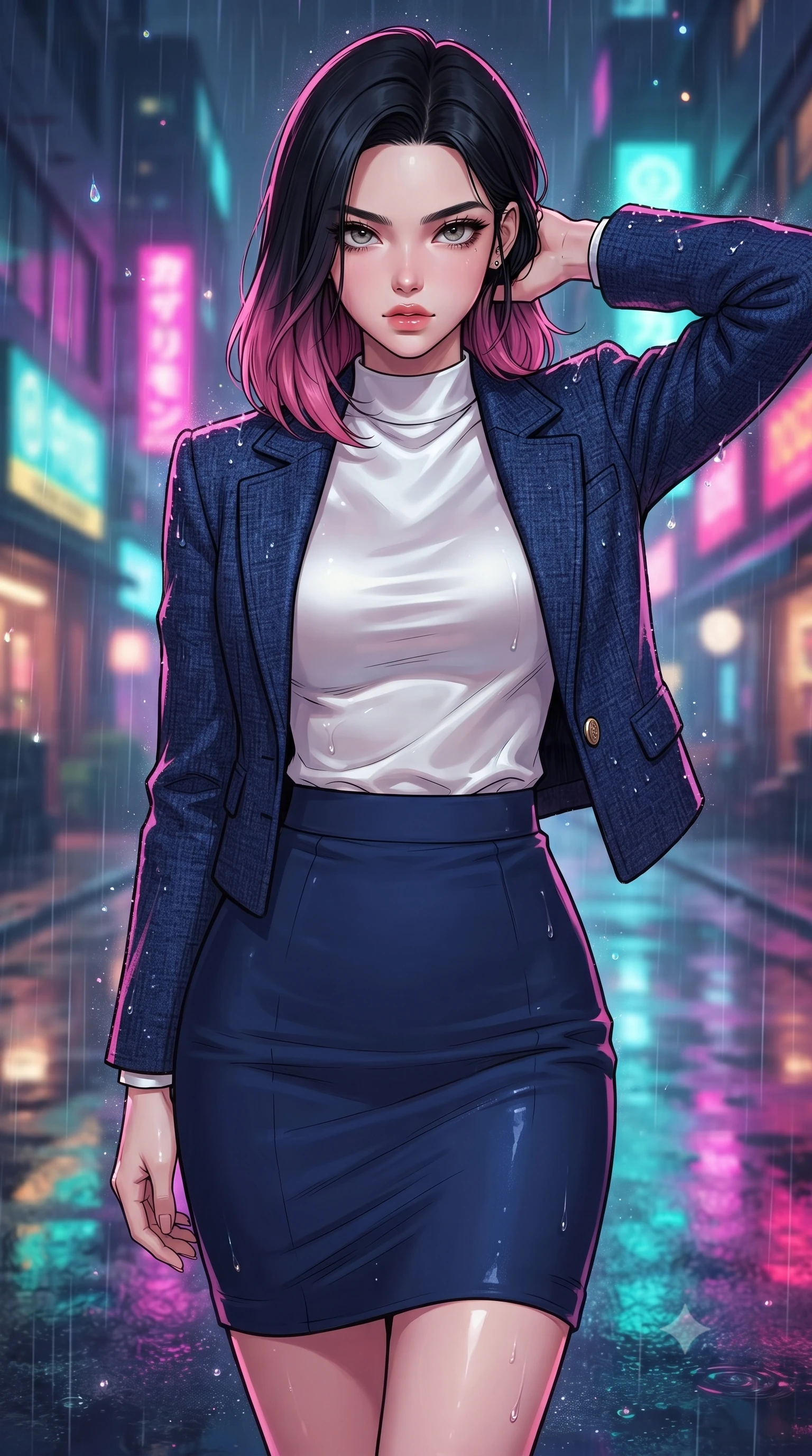 score_9, masterpiece, best quality, ultra-detailed, high-budget anime keyframe, gorgeous anime illustration, with clean line-art and distinct ink outlines, Korean woman. close-up cowboy shot from the waist and thighs up, the character dominates the composition, filling the frame with her large presence, background elements kept in soft focus. Placing one hand behind her head with confident body language and a direct stare. set against a soft-focus background of a futuristic city street at night during a rainstorm where the raindrops are glowing prism droplets, reflecting neon signs off the wet asphalt like a canvas of paint. She has an exceptionally elegant and slender, willowy female figure with an ultra-slim waist, a gracefully sculpted slender torso, and a refined slim physique. sharp v-shaped jawline, high-bridge nose, intricate jewel-like eyes with depth, thick eyelashes, glossy lips with a natural sheen. wearing a navy blue tweed jacket over a white satin mock-neck top, paired with a matching navy blue pencil skirt. intense neon reflections (magenta, turquoise, gold) from the wet asphalt and glass buildings, highlighting the wet specular texture of the character. 2k, ultra detail, master piece, 9:16 ratio, vibrant anime color palette, detailed cel-shading with soft gradients, rich contrast, dynamic lighting, 2d animation style