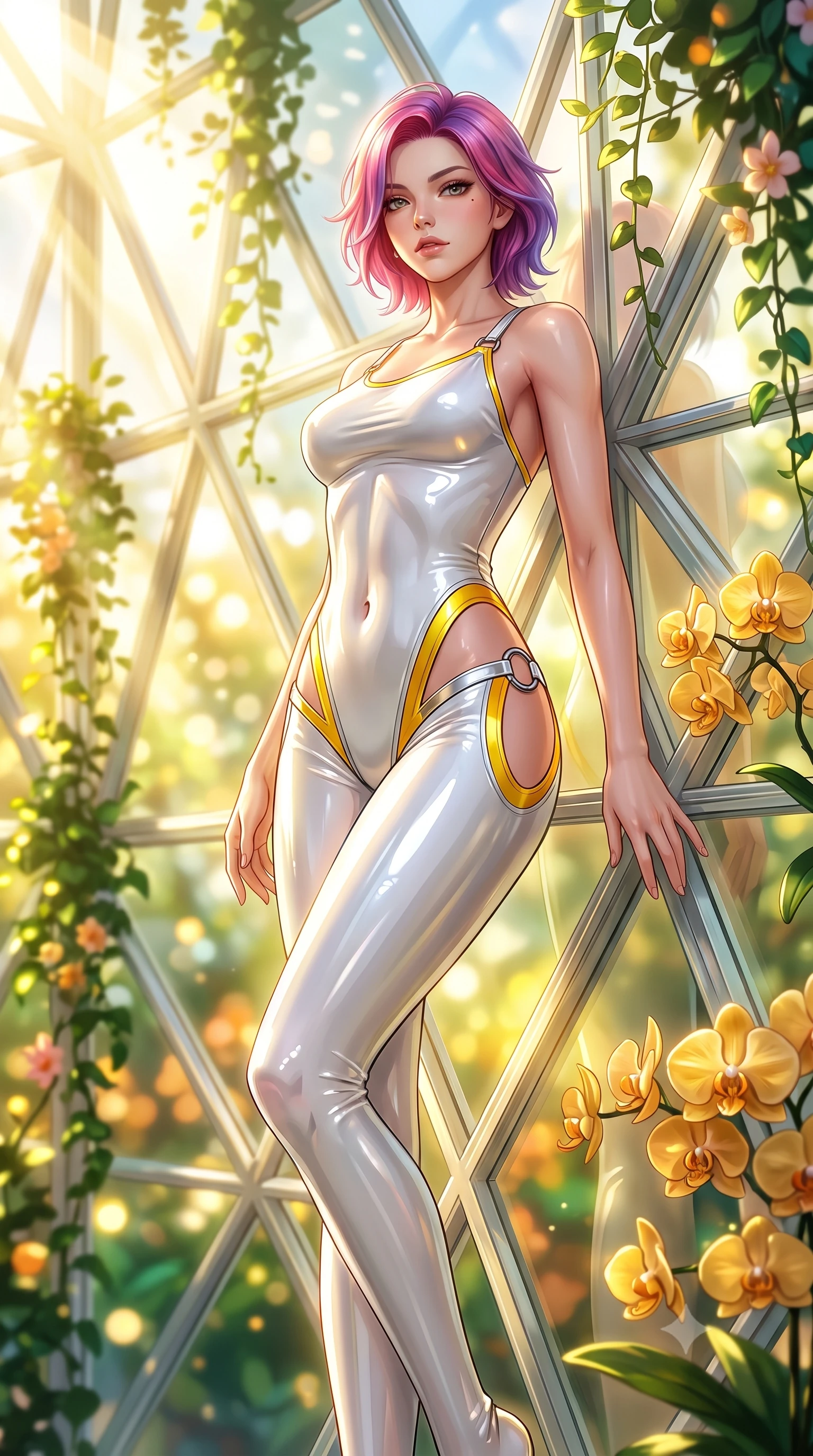 score_9, masterpiece, best quality, ultra-detailed, high-budget anime keyframe, semi-realistic 3D game render, editorial fashion photography, tasteful artistic composition, Caucasian woman. low angle full-body shot from head to toe showing her feet, filling the entire 9:16 vertical frame with her statuesque presence, stretching her vertical silhouette. pivoting dynamically in mid-motion with a breathtakingly alluring posture, displaying her flawless model proportions and ultra-slim waist while leaning against a sun-drenched geometric glass dome wall framed by trailing emerald vines and rare blossoms. The composition keeps background elements in soft focus with creamy bokeh. golden orchid clusters and geometric glass dome panes blurred into luminous emerald and amber bokeh. She has an absolutely perfect, statuesque 8.5-heads proportion, an exceptionally tall and slender model-like female figure with impossibly long slender legs, a toned flat midriff, and an ultra-slim waist. sharp v-shaped jawline, high-bridge nose, intricate jewel-like eyes with depth, thick eyelashes, glossy lips with a natural sheen, flawlessly proportioned anatomical accuracy, strict slender model proportions, natural body alignment, perfectly sculpted long slender limbs, ultra-slim waistline, clean dynamic posture without body distortion. wearing a second-skin white liquid-mercury micro-bodysuit sculpted tightly to her slender build, featuring razor-thin metallic straps and hip cutouts in vibrant sunburst canary yellow and gold trim, formed from high-gloss patent material with specular light reflections, detailed with polished silver rings connecting the daring side-waist cutouts, the glove-like aerodynamic second-skin fit tightly clinging to her ultra-slender waist and athletic curves without adding bulk, accentuating her razor-sharp statuesque lines and slim hourglass silhouette. bathed in intense volumetric golden sunbeams streaming through crystalline glass dome panes. highly saturated vibrant anime colors, detailed shading with soft gradients, rich glossy textures, high-contrast stereoscopic depth, volumetric dynamic lighting, master piece, 9:16 ratio