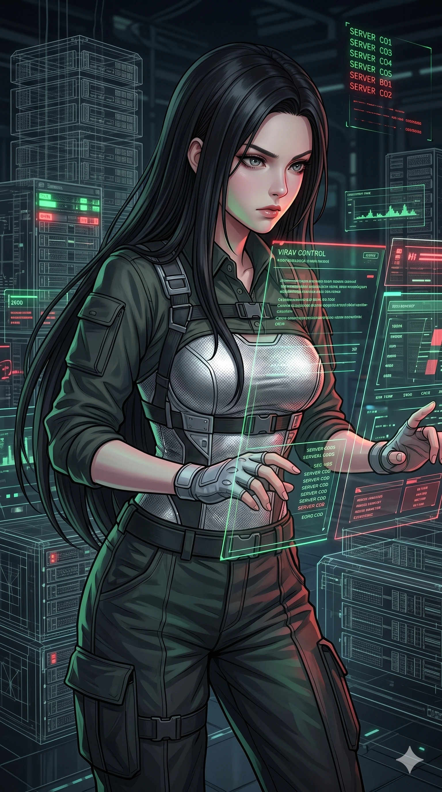 score_9, masterpiece, best quality, ultra-detailed, high-budget anime keyframe, Korean woman. Upper body close-up from the thighs up, character filling the screen for maximum presence. Inside a virtual reality control room, managing servers, monitoring server status with a focused, serious expression. She is wearing a tech-wear uniform shirt over a silver bodice and dark trousers. The scene is lit by the green and red blinking lights of the wireframe server blocks. 2k, ultra detail, master piece, 9:16 ratio