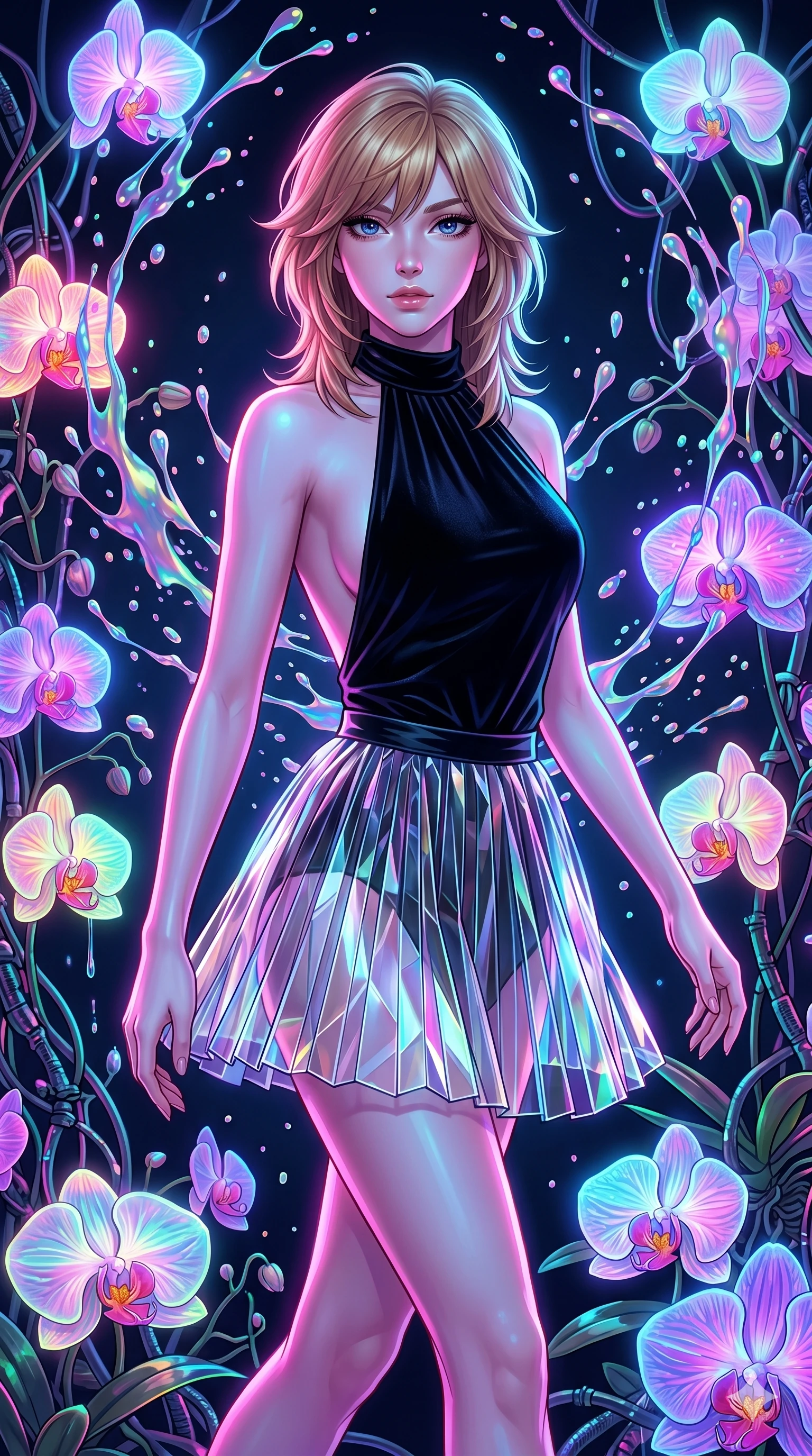 score_9, masterpiece, best quality, ultra-detailed, high-budget anime keyframe, editorial fashion photography, tasteful artistic composition, Korean woman. upper body close-up from the thighs up, character filling the screen for maximum presence. gliding through in a cybernetic orchid garden with glowing bioluminescent petals while iridescent paint splatters suspend in mid-air around her. She has an absolutely perfect 8-heads proportion, an exceptionally tall and slender female figure with impossibly long slender legs and an ultra-slim waist. V-shaped jawline, high-bridge nose, intricate jewel-like eyes with depth, thick eyelashes, glossy lips with a natural sheen.. wearing a fractal glass pleated skirt and a open-back black velvet halter neck top, creating a dramatic and elegant silhouette. lit by high-contrast neon strobes that carve out her dynamic posture and V-shaped jawline. 2k, ultra detail, master piece, 9:16 ratio